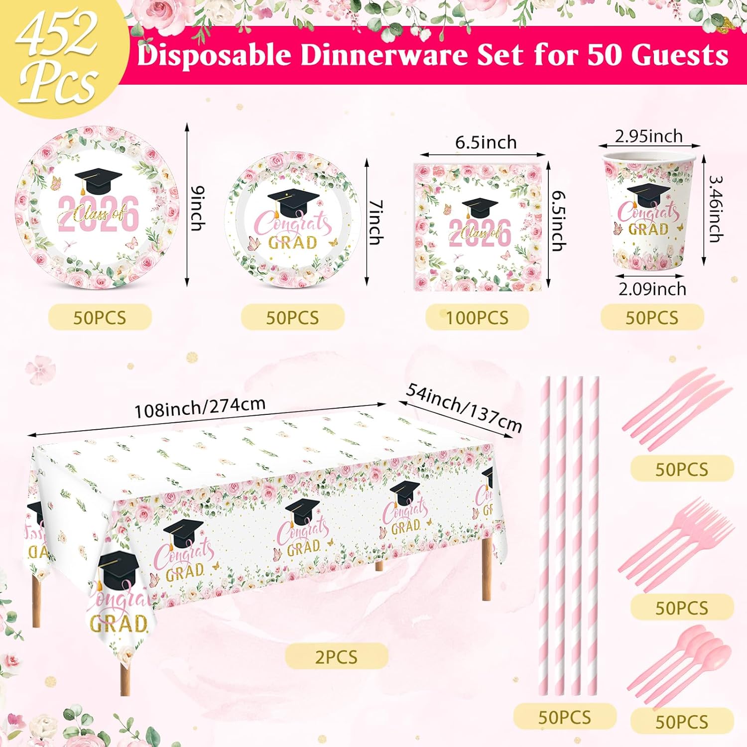 Funnymoom 452 Pcs Pink Floral Graduation Decoration Girl for 50 Guests, Class of 2026 Floral Graduation Paper Plates Napkins Cups Tablecloth Cutlery Straws for 2026 Congrats Grad Party Supplies