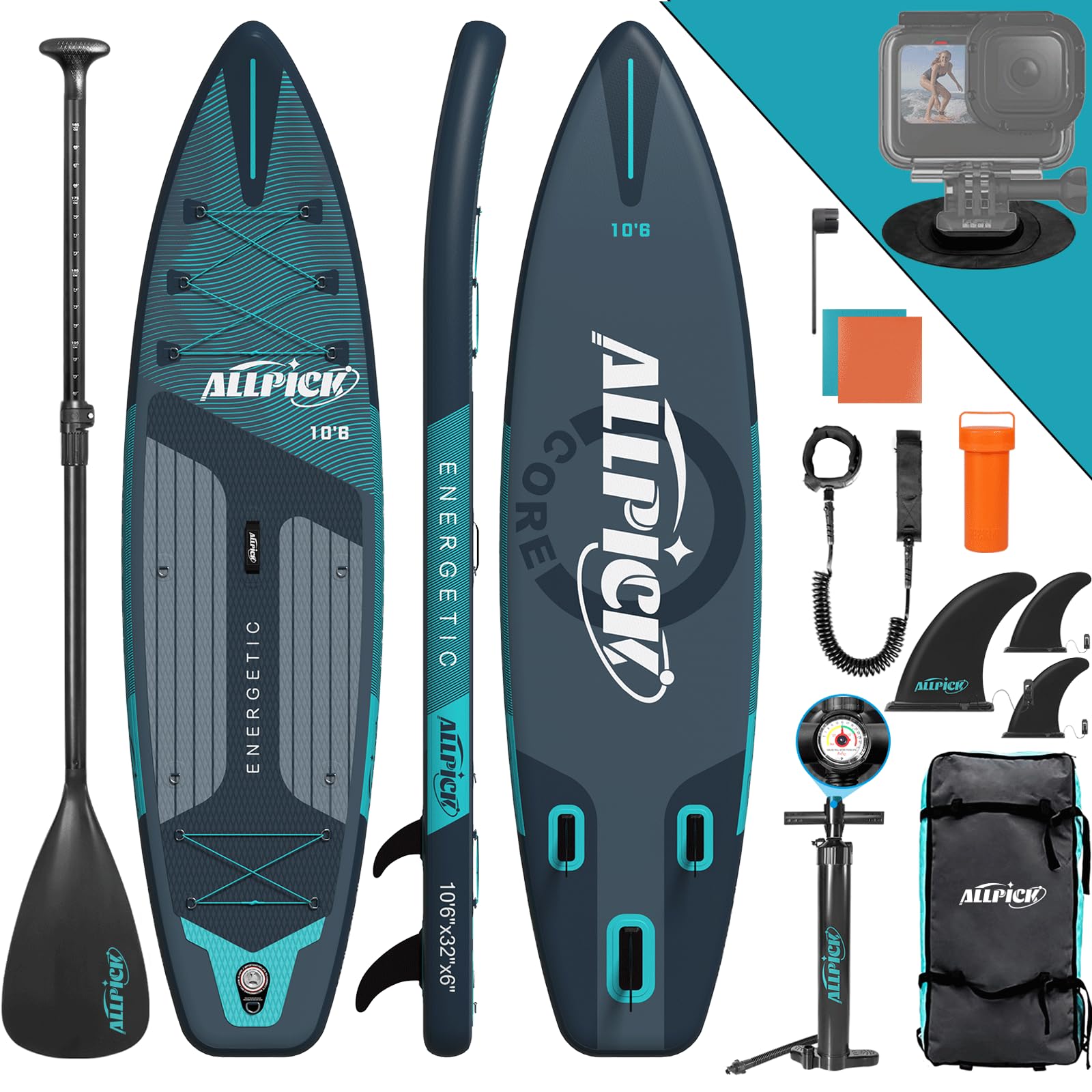 ALLPICK Tabla Paddle Surf Hinchable | Stand Up Paddle Board Sup Premium | Tabla Padel Surf 320 cm | Soporte Universal para Cámara | Remo Ajustable |Principiantes y Avanzados 150 kg/180