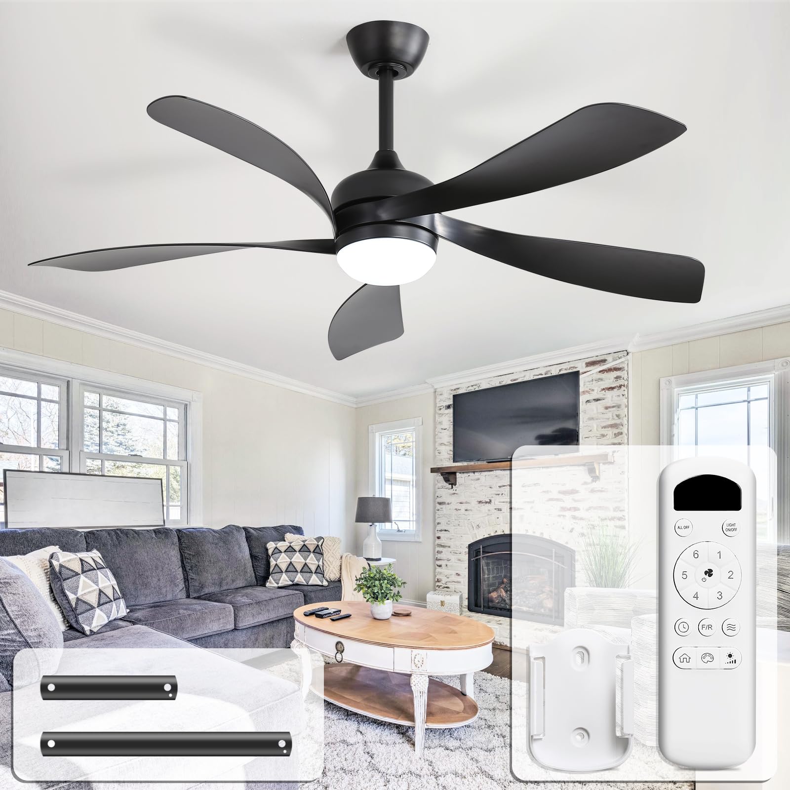 CACI Mall 52 inch Black Ceiling Fans with Lights, Remote Control, Modern, Low Profile, Outdoor Ceiling Fan with 5 Blades, Quiet Reversible DC Motor for Living Room, Bedroom, Patios