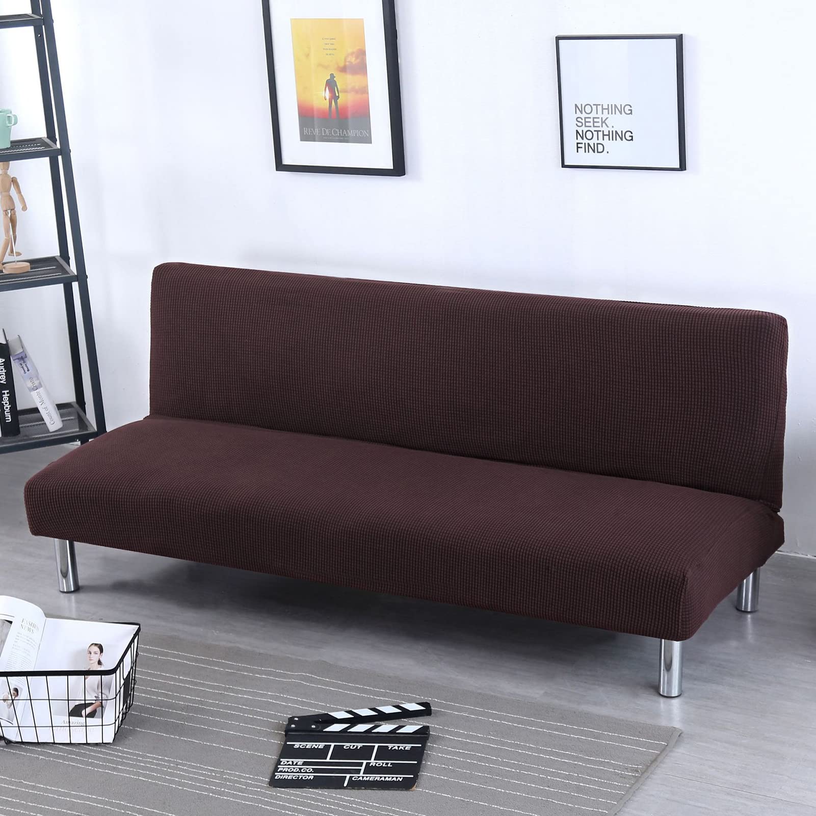 Housse de futon extensible marron 120-140cm en jacquard pour clic-clac