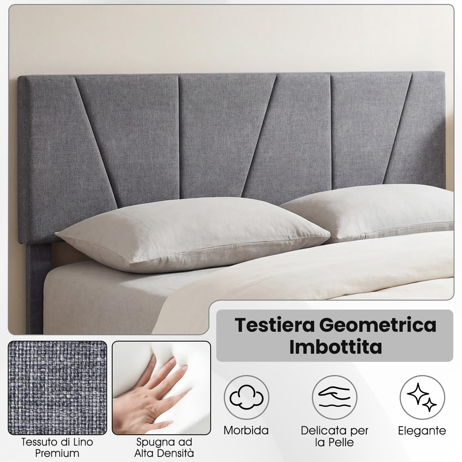COSTWAY Struttura Letto Matrimoniale, Letto Piattaforma Rivestito in Lino con Testiera Regolabile in Altezza, Doghe in Legno a Supporto del Materasso, Silenzioso (200x160cm)