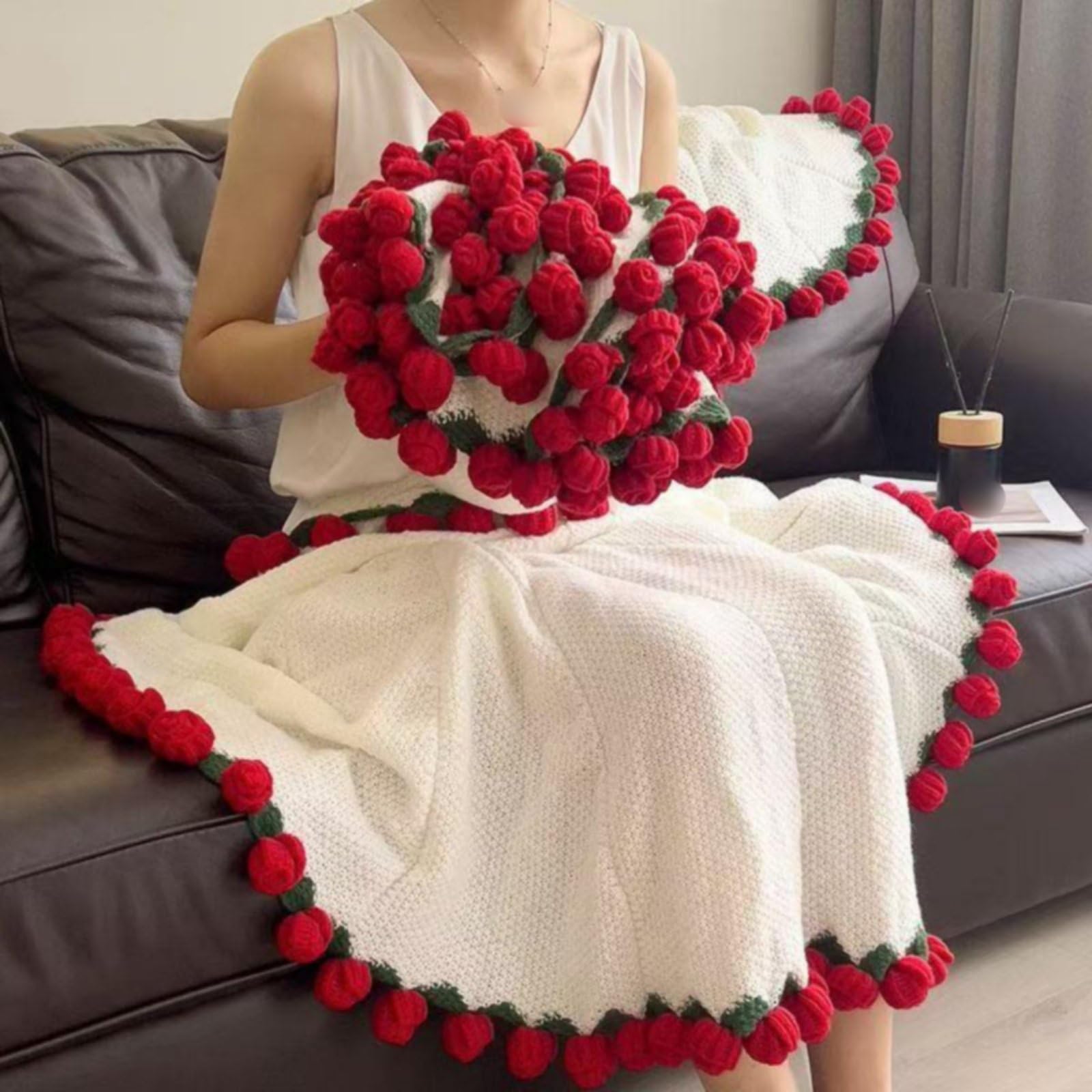 Manta Ramo de Flores Multiusos Manta de Punto con Rosas 3D Suave y Transpirable Cubrecama Floral Tejida para Dormitorio, Rosa, Caja+Regalo+22+Flores
