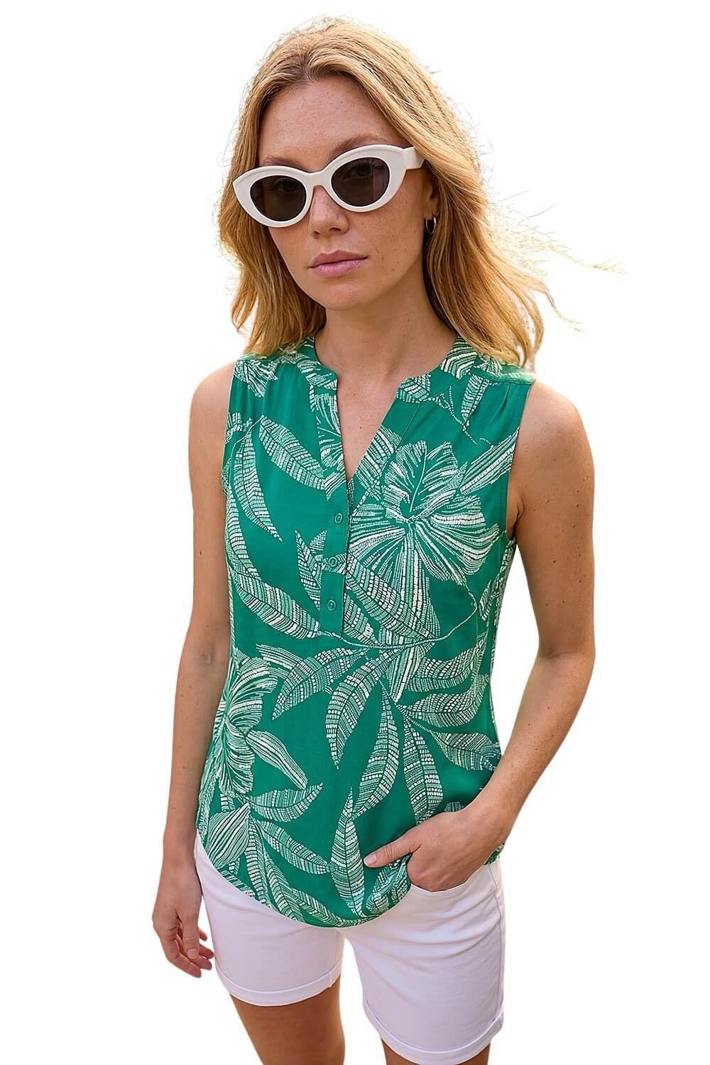 Roman Women's Green Floral Puff Print Stretch Vest Top Size 20