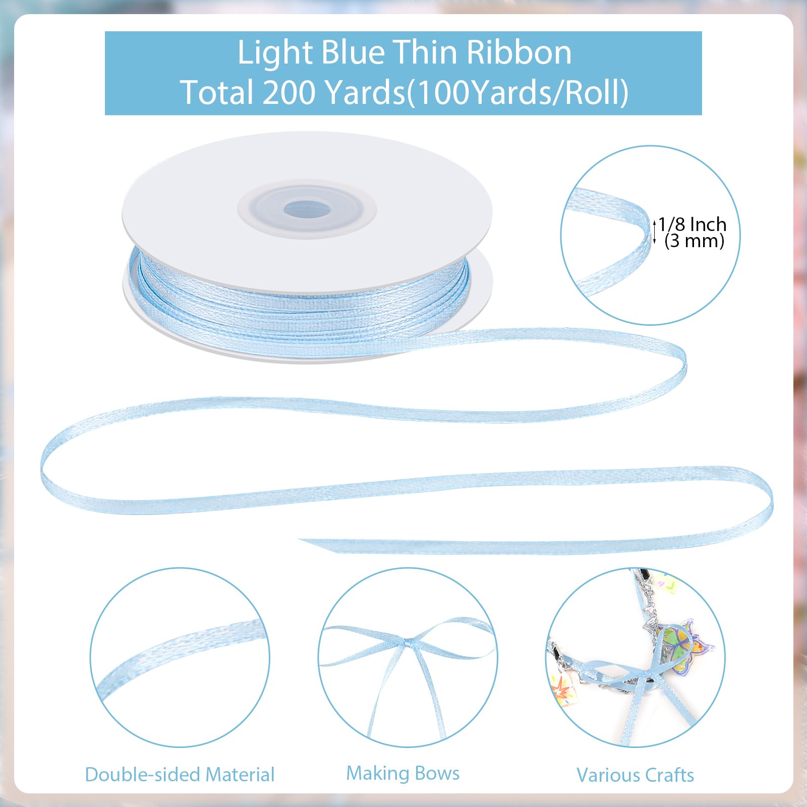 Snapklik.com : 200 Yards 1/8 Inch Double Faced Blue Ribbon, Thin Light ...