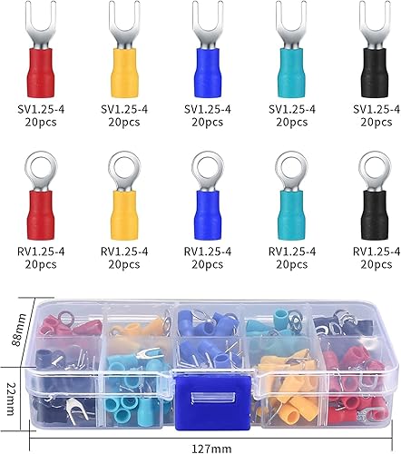 Miniatura 2 de Juego de 200 conectores de cable aislados eléctricos, juego de terminales de alambre, horquillas de punta de anillo mixto, terminales de cable de