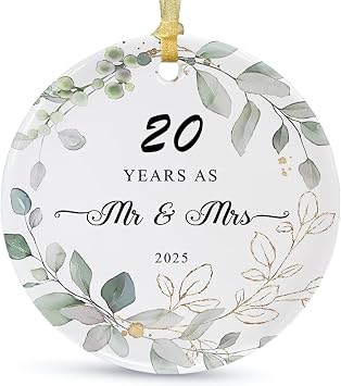 20th Wedding Gift for Parents Couple,20th Anniversary Ornament 2025 Christmas Hanging,20 Years Married as Mr and Mrs Ceramic Keepsake with Gift Box and Card