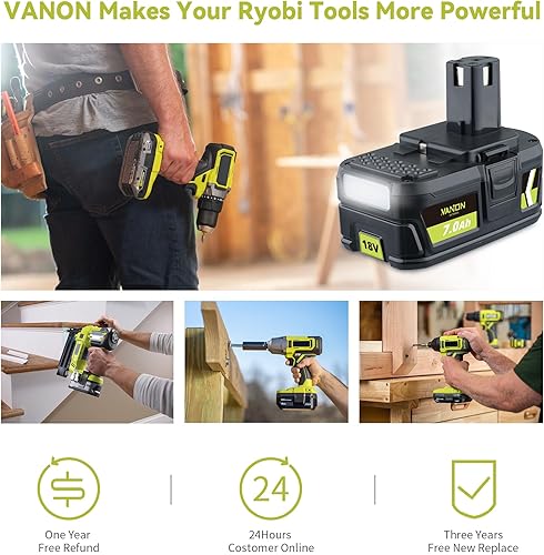 Miniatura 7 de VANON 7.0Ah P108 18 V Reemplazo para batería ryobi 18v paquete de 2 baterías de iones de litio de alta capacidad compatibles con P108 P102 P103 P104
