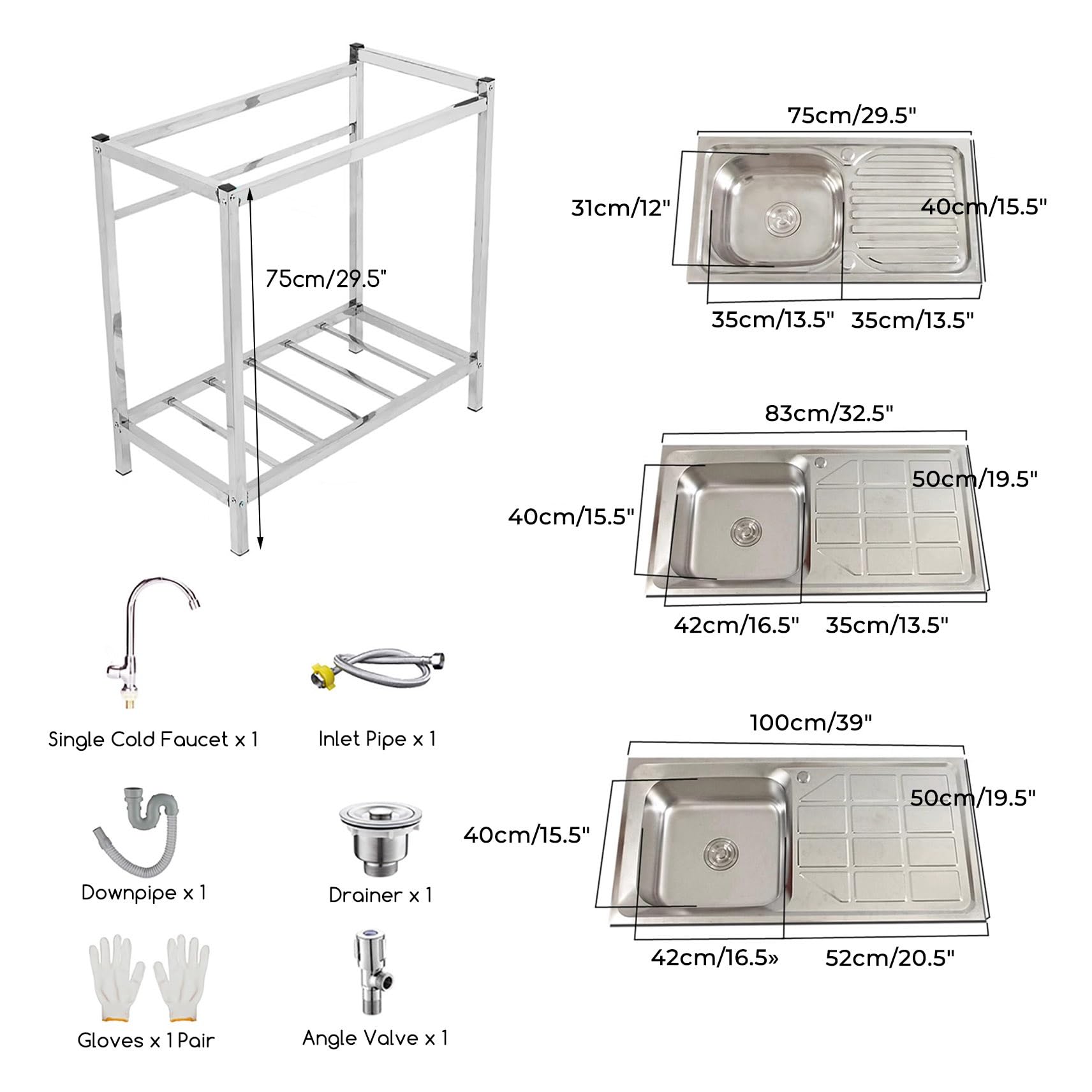 Evier Exterieur De Jardin Evier Cuisine Inox Sur Pied avec Robinet Et étagères De Rangement Evier De Restaurant Commercial Pour Garage/Appartement/Sous-Sol/Boutique Facile à Nettoyer(75x40xH75cm)