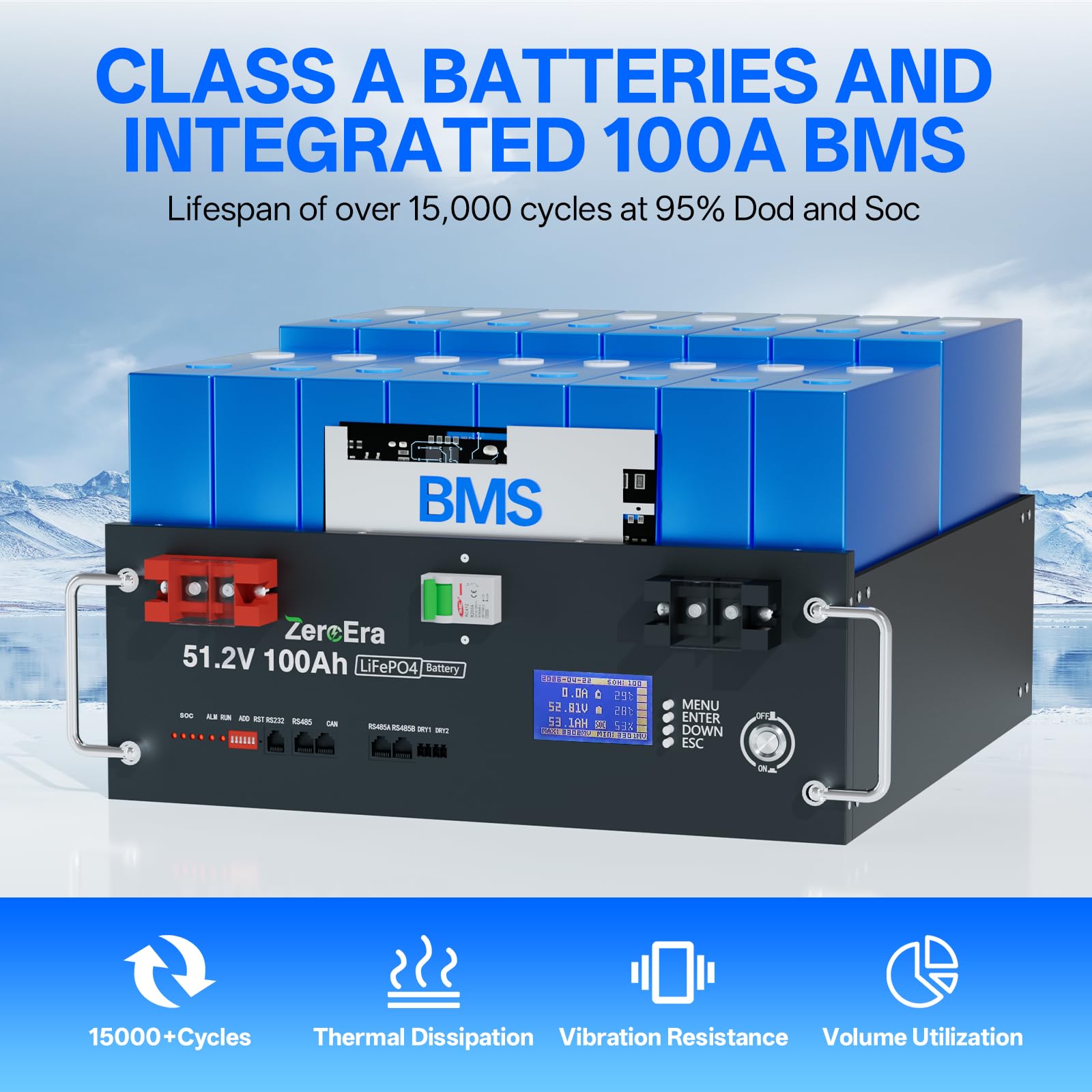 Akumulator LiFePO4 48V 100Ah,Akumulator 5,12 KWh Szafy Serwerowej 3U,BMS 100A,Inteligentny Wyświetlacz,RS485/CAN,Ponad 15000 Cykli Głębokiego Rozładowania,Obsługa Komunikacji z Falownikiem (5 * 48V)