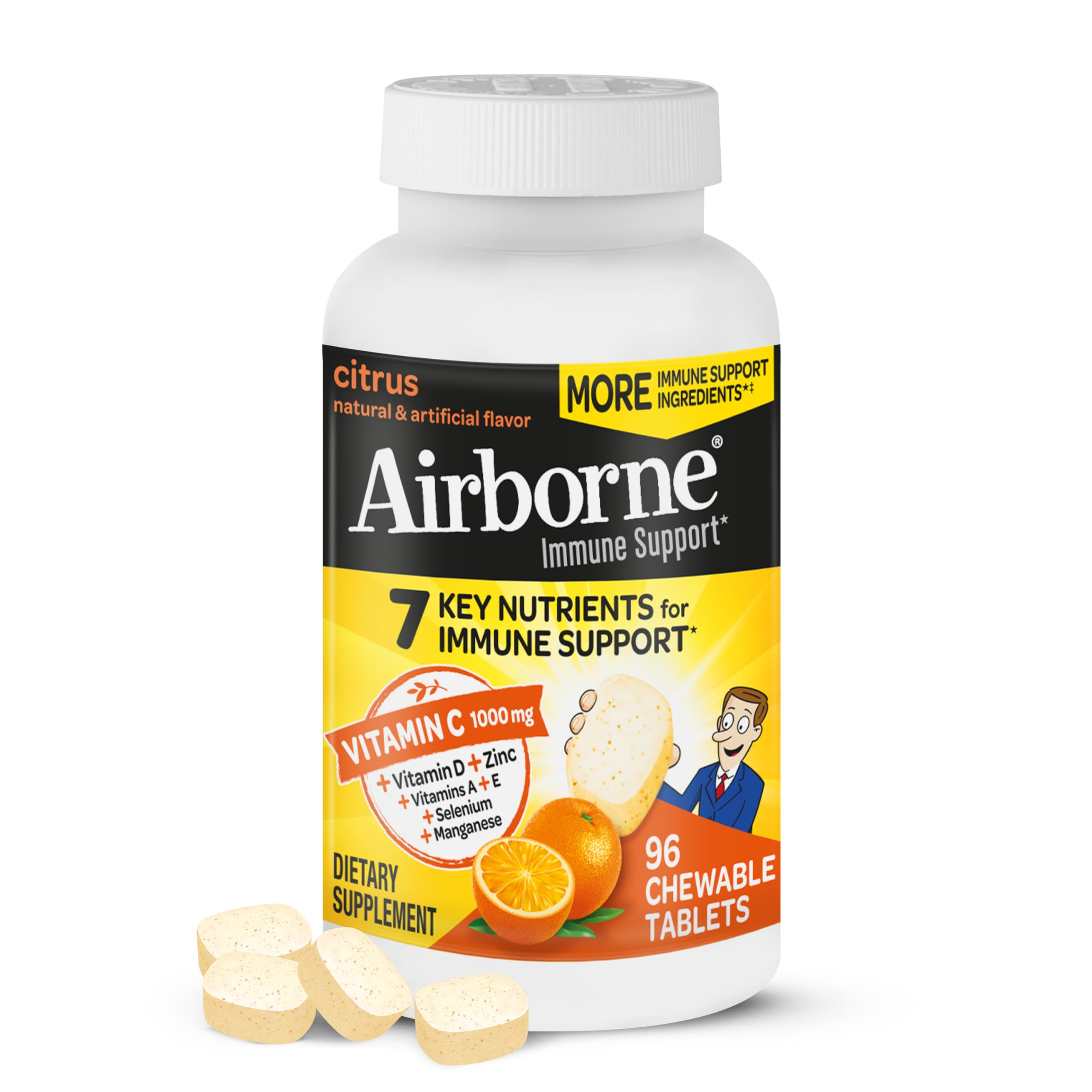 Airborne 1000mg Chewable Tablets with Zinc, Immune Support Supplement with Powerful Antioxidants Vitamins A C & E - 96 Tablets, Citrus Flavor