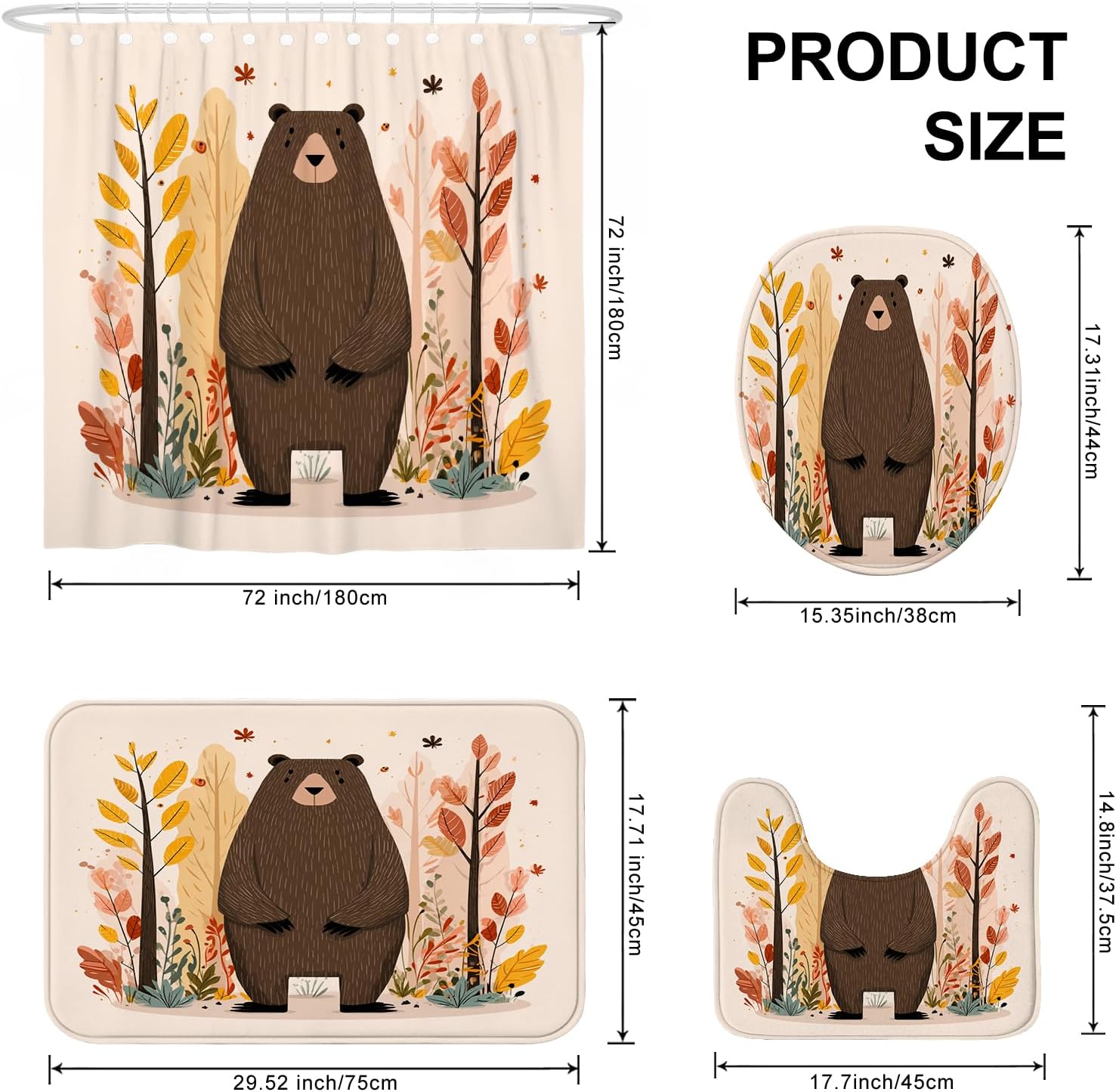 4PCS Fall Cartoon Bear Kid Bathroom Sets, Bath Accessory with Non-Slip Rug, U Shape and Toilet Lid Cover Mat, Autumn Woodland Forest Bathroom Decor-72''x72''