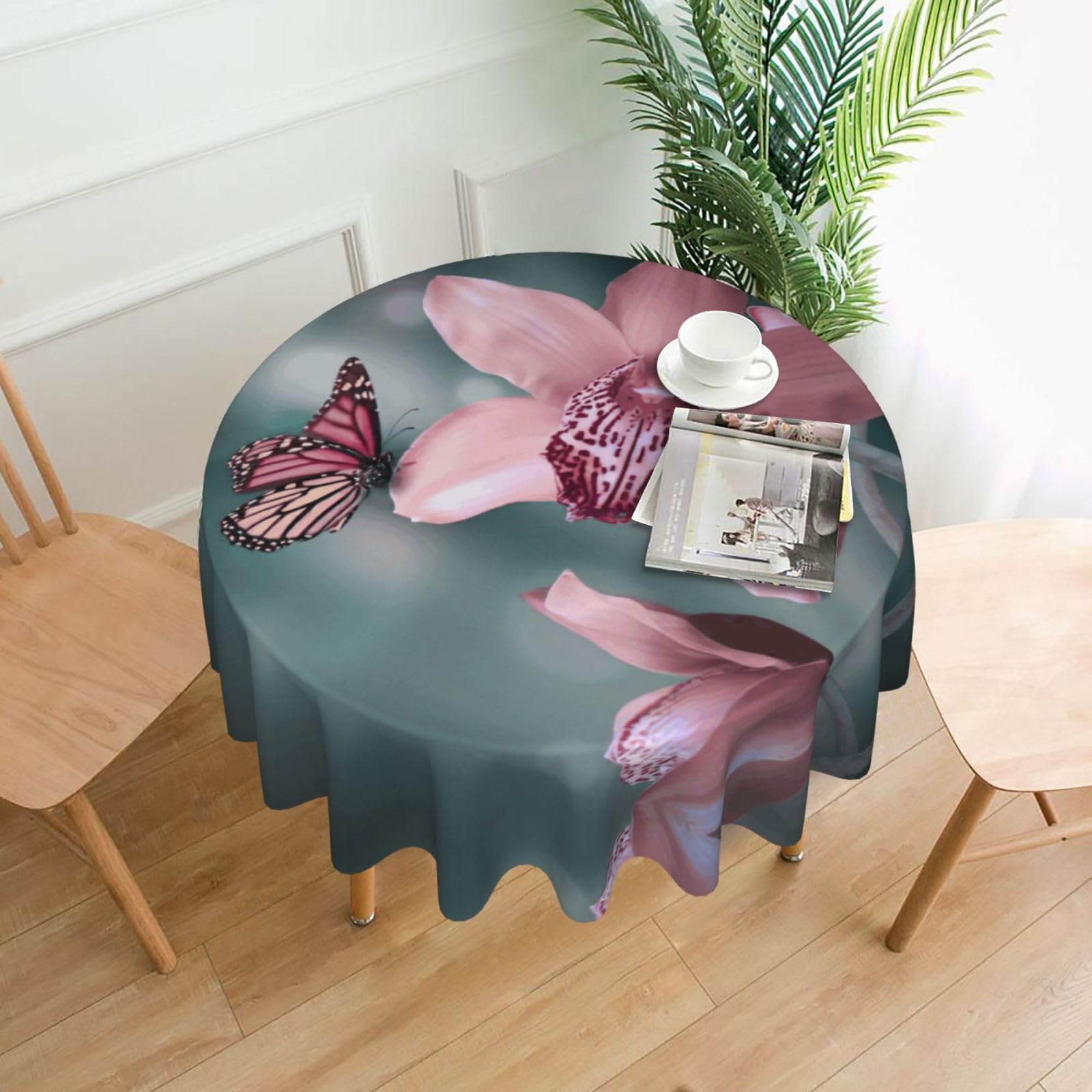 Zcmkjlg Orchid Flower Butterfly Soft Fresh Spring Print Quick Ship Round Tablecloth 60in Polyester Washable Cover for Dining Room
