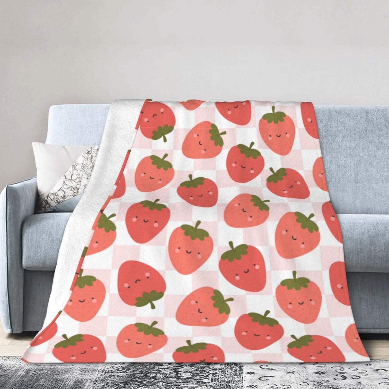 Noble Ren Pink Adorable Strawberries Ultra-Soft Micro Fleece Blanket Winter Warm Soft Lannel Fleece Throw Blanket For Couch Sofa Bed 80"X60"