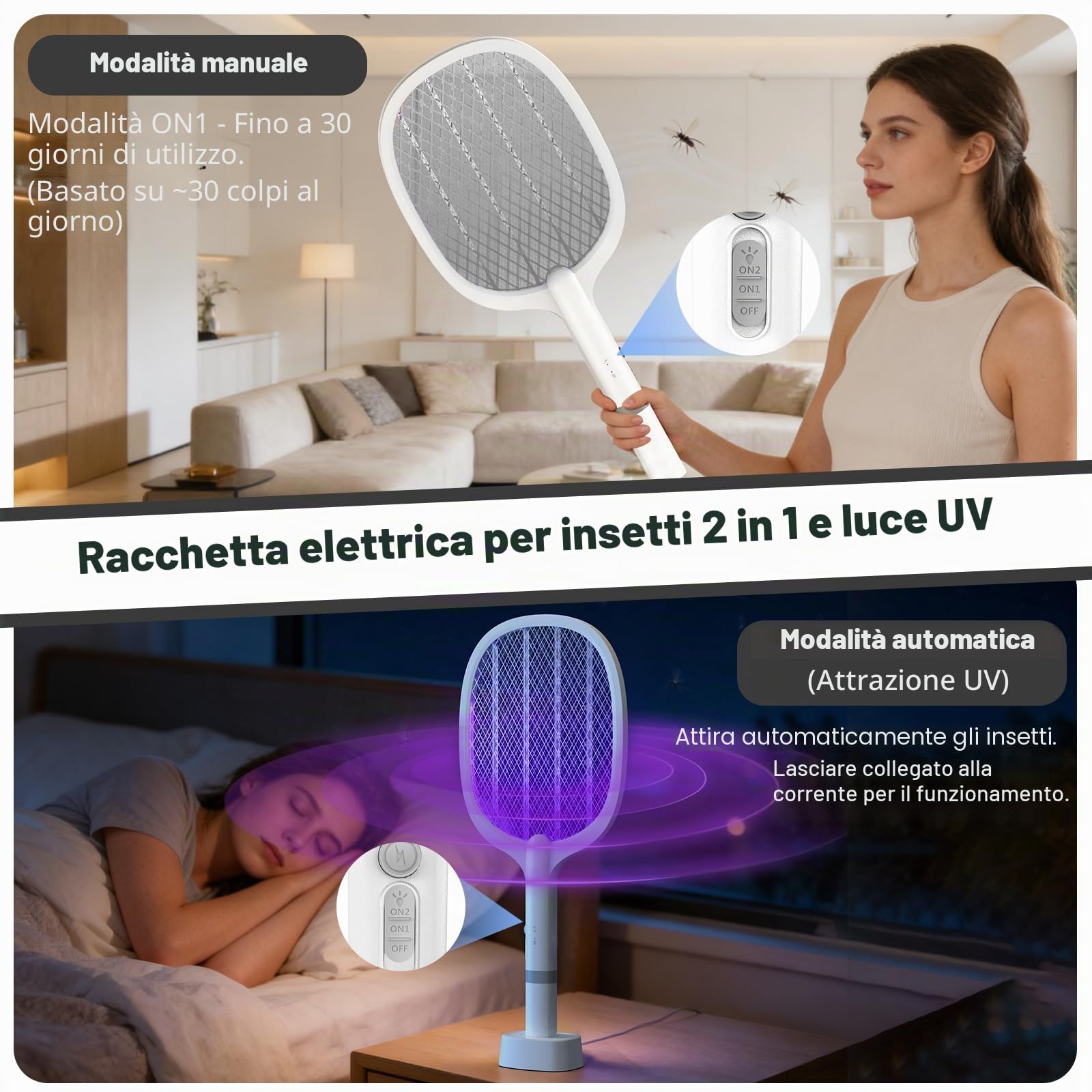 Racchetta Zanzare Elettrica, 5000V Racchetta Zanzare con USB Ricaricabile e LED 2 in 1, Protezione Maglia a 3 Strati Adatto per Casa Giardino Campeggio Interni ed Esterni (2PS)