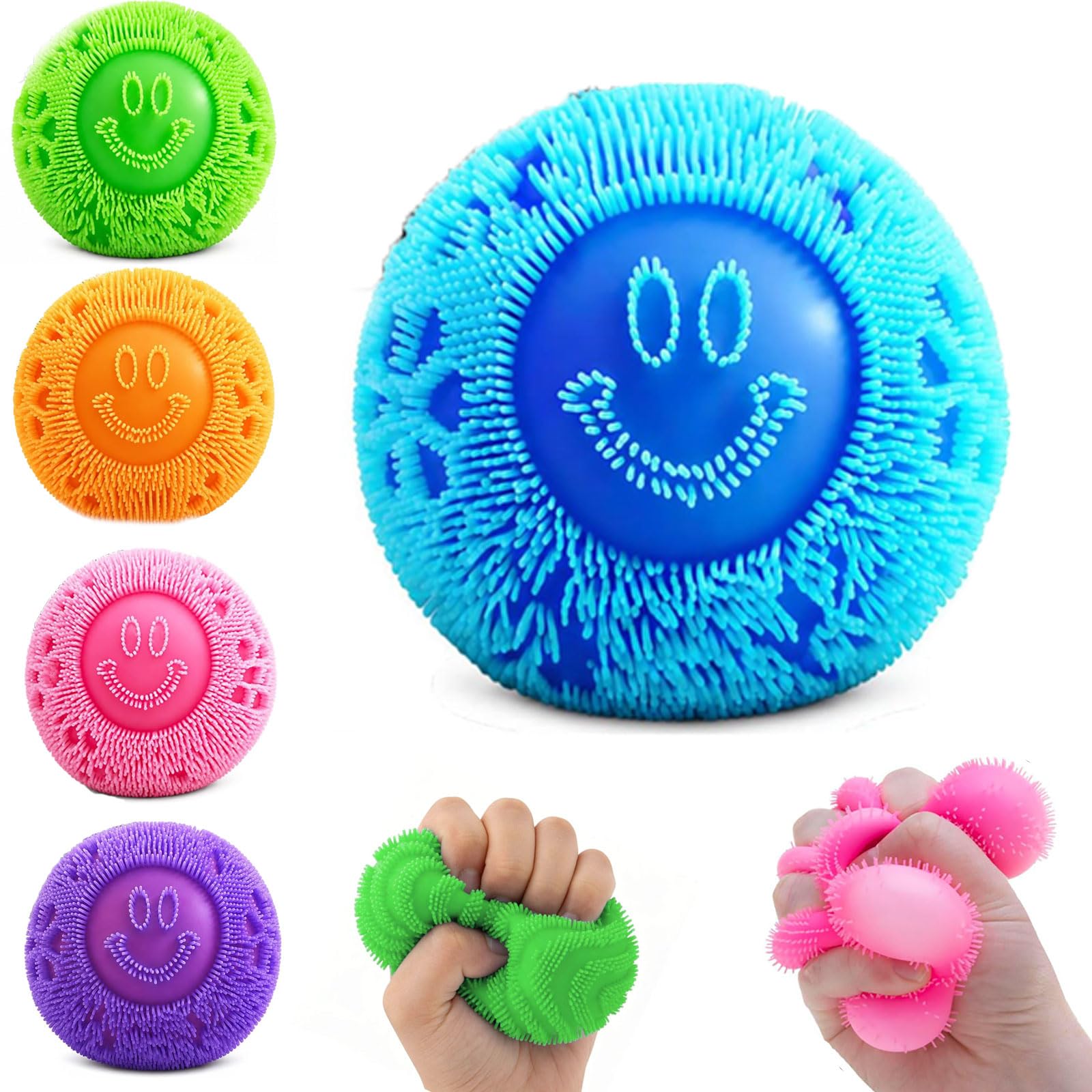 Fuzz Ball Squishy Smiley Face Squeeze Toy - Fuzz Ball Fidget Stress Toy, Soft Sensory Fidget Toy for Kids and Adults, Anxiety Relief Stress Ball, Party Bag Fillers for Boys and Girls