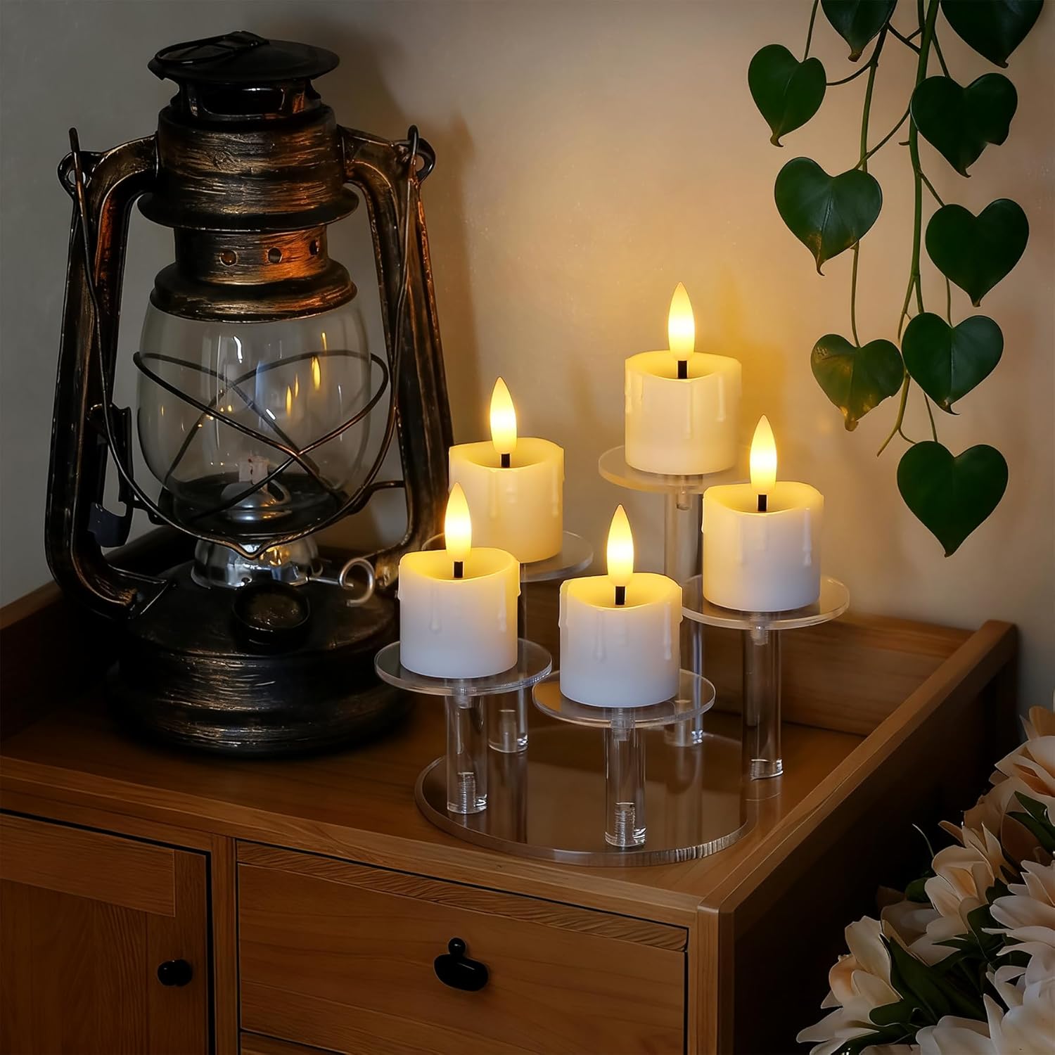 Yeelida Flameless LED Remote & Timer 1.6" x2.5" Plastic Tea Light Candles with Batteries, 6pcs Battery Operated Flickering Electric White Dripping Wax Design Tealight Votive