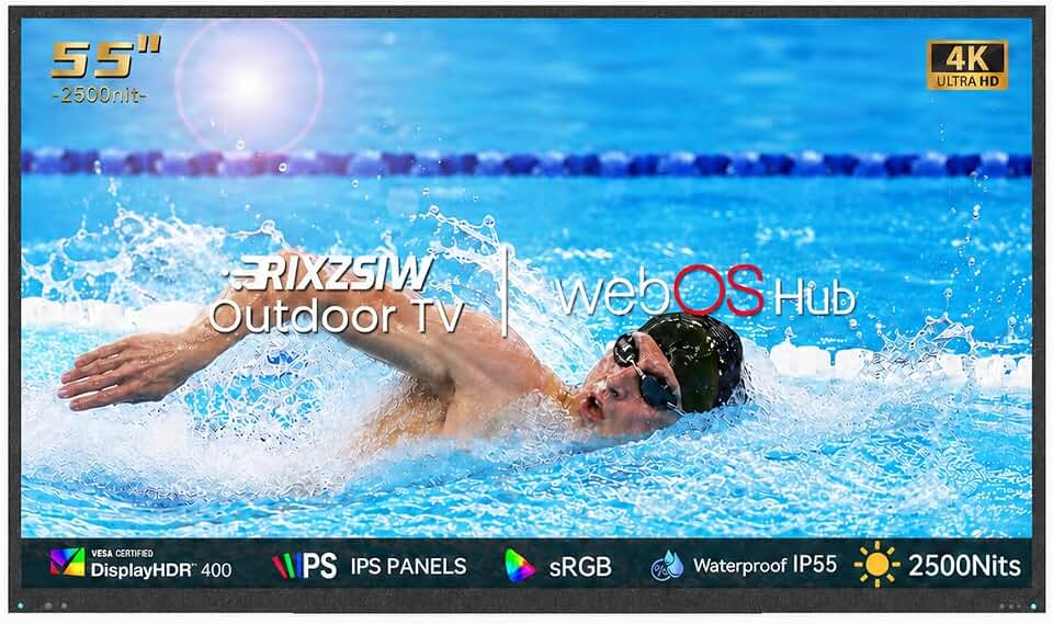 55 Inch Outdoor TV, 2500 Nits Ultra Bright 4K UHD IP55 Weatherproof Television, Anti-Glare Glass Full Sun TV, Smart TV with WebOS 25, Outside TV for Backyard, Poolside, Deck & Patio