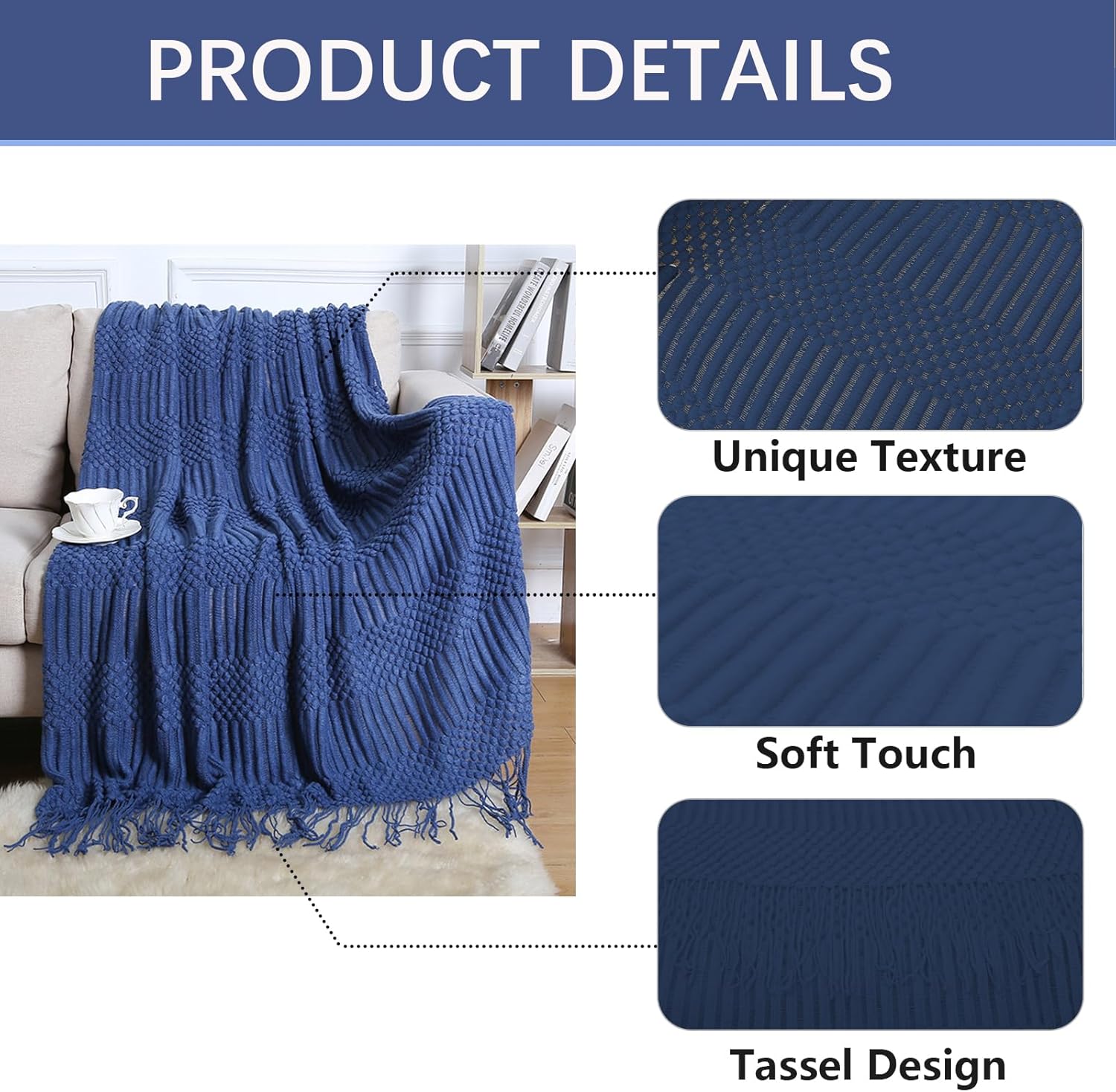 Bed Throw Blanket Knit Blankets Throw Blanket Couch Soft Warm Textured Decorative Blanket with Tassels for Couch Sofa and Bed (Navy, 50x90inch)