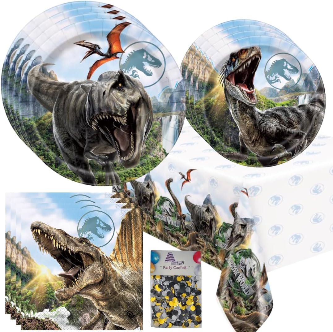 Jurassic World Reborn Party Supplies Set, Dinosaur Theme Plates in dinner and dessert sizes, Napkins, Tablecover with Black Gold and White Confetti, for 16 Guests