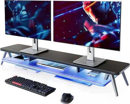 Miniatura 8 de Fenge Soporte de monitor doble, elevador de monitor acrílico de 2 niveles con luces LED, estante de escritorio de madera y aluminio de 42.5 pulgadas