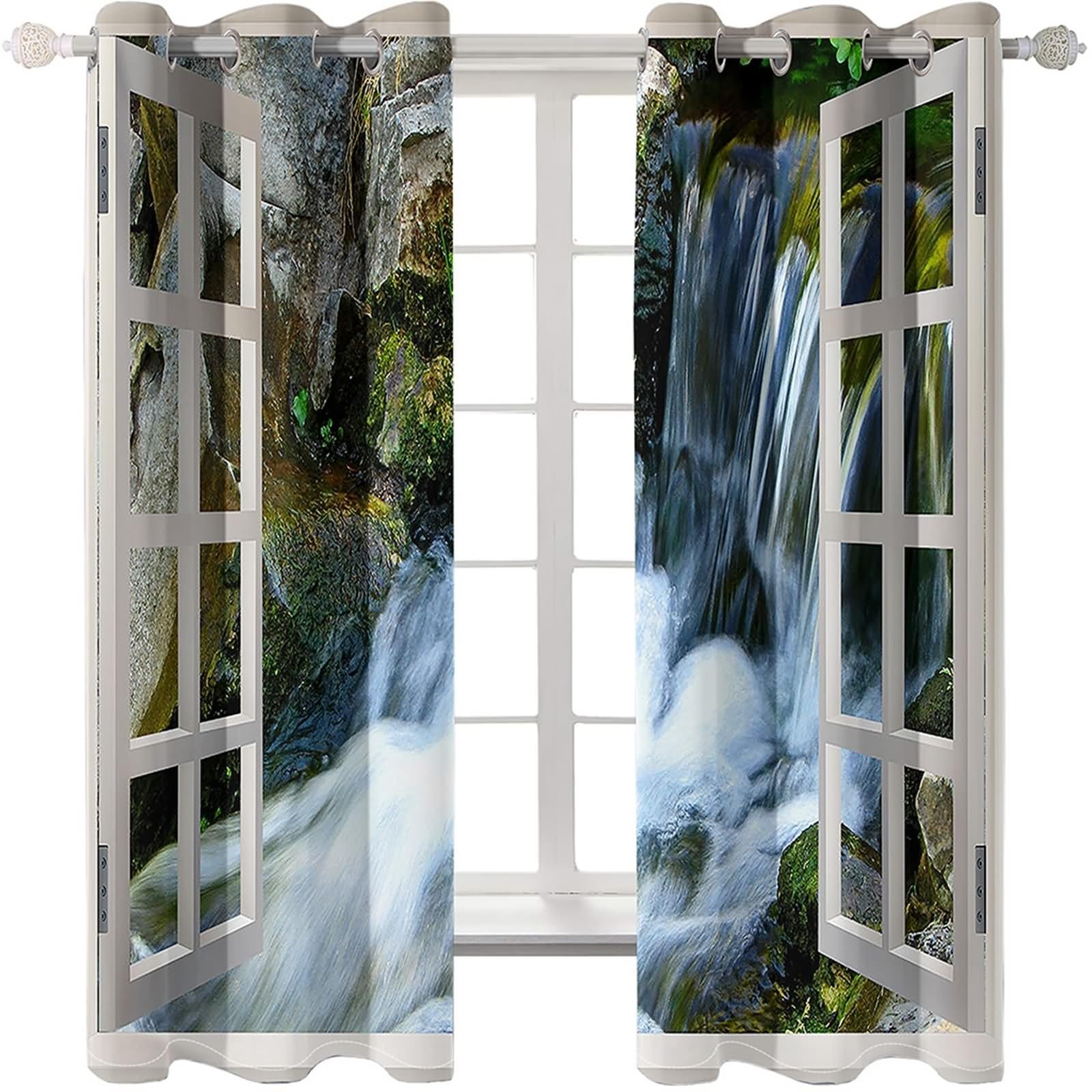 Rideau Fenetre Boheme, Rideau Fenetre Salle de Bain Multicolore Cadre de Fenêtre avec Paysage de Cascade Polyester 2 Panneaux 214x160cm