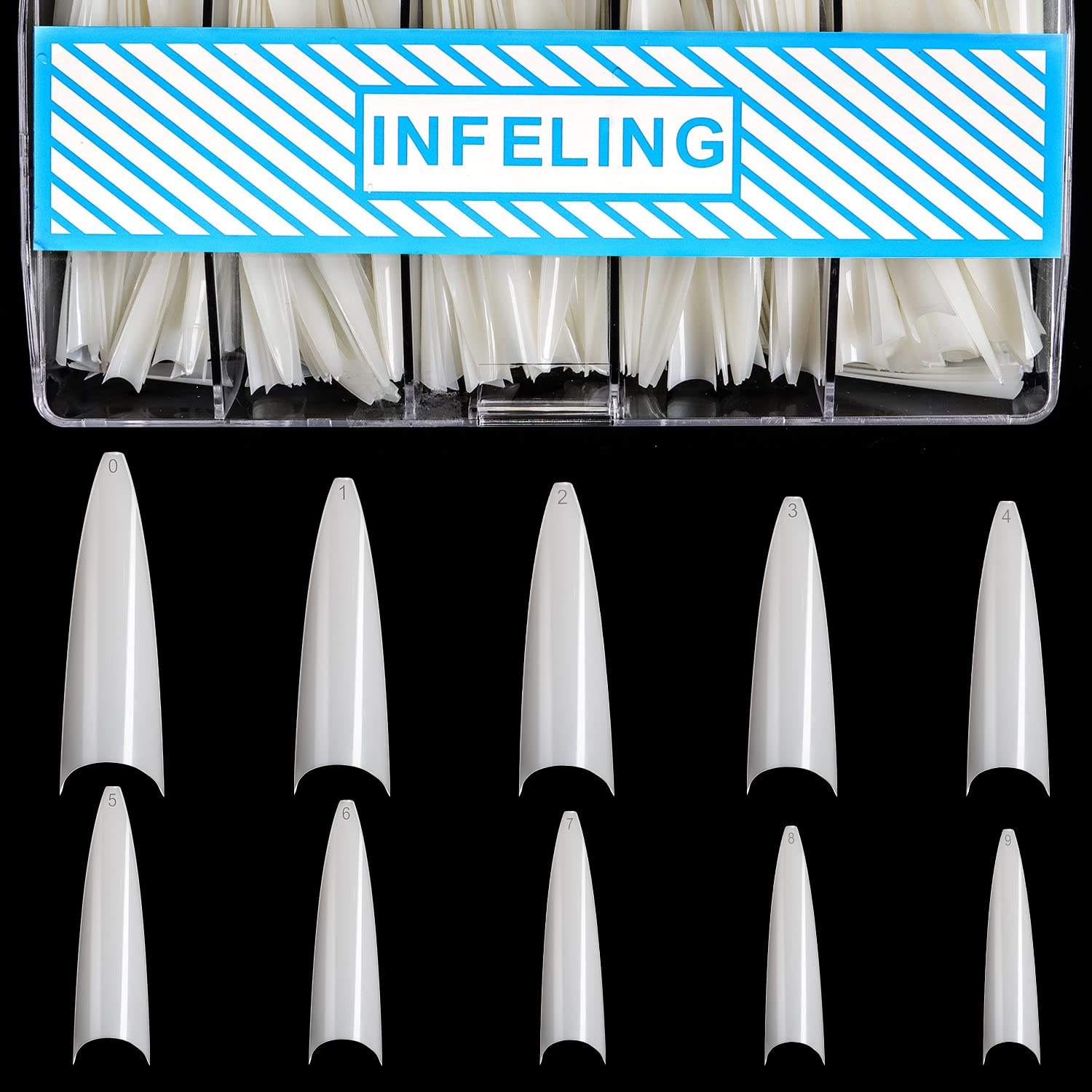 Stiletto Nail Tips - 500pcs Acrylic Stiletto Nail Tips Natural Long Shape Half Cover False Nail Tips with Box for Nail Salon Home, 10 Sizes