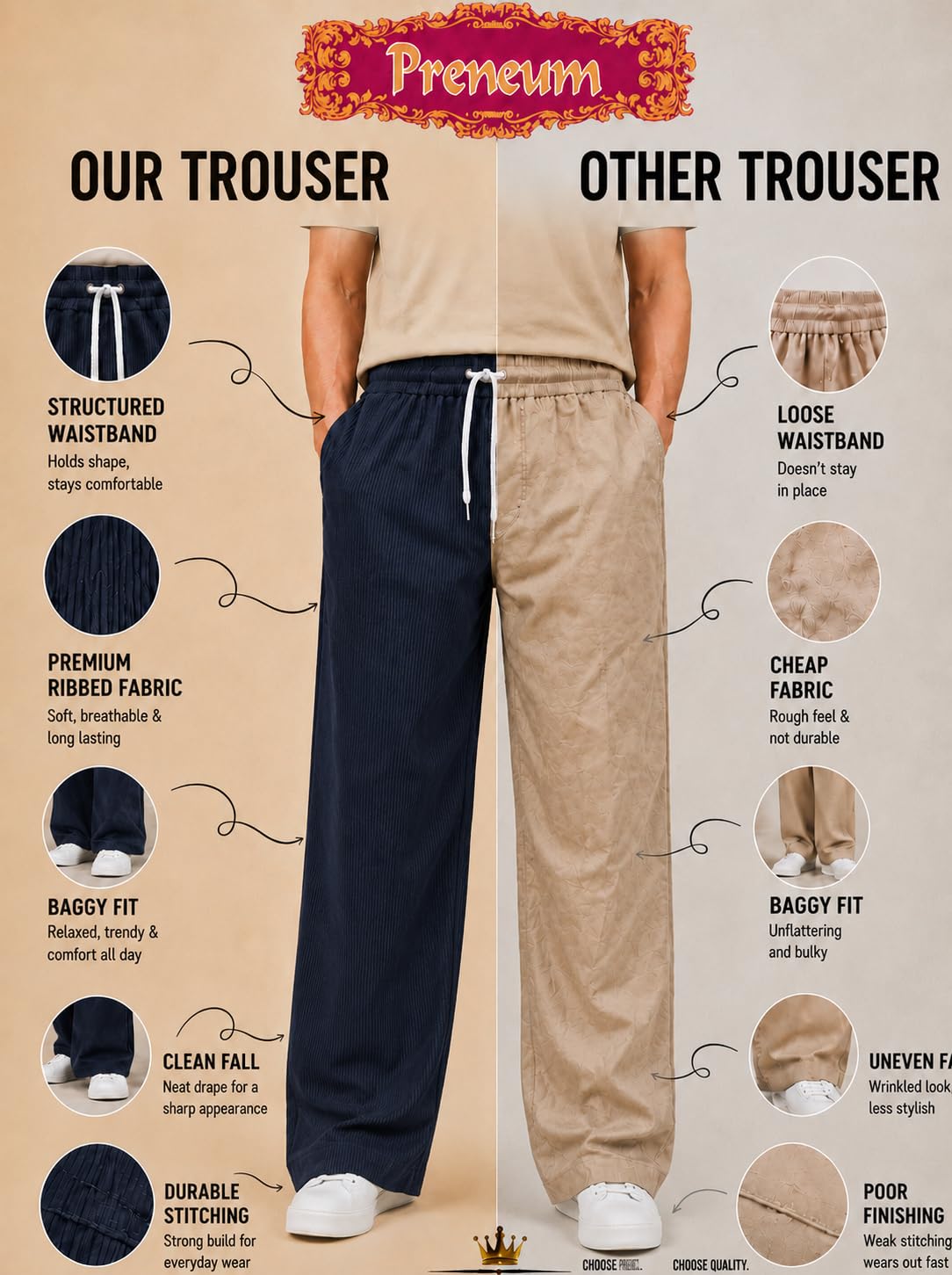Preneum Men Mid Rise Poly Cotton Loose Fit Trouser || Korean Style Travel & Lounge Wear with Pockets (Available in Plus Size) (Combo Pack of 3)