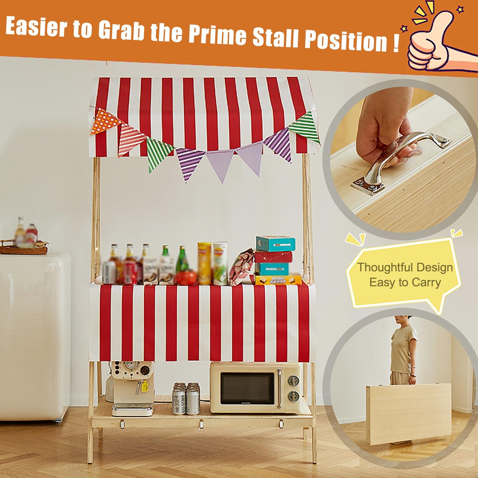 Carrello pieghevole portatile con tettoia, carrello distributore a 2 livelli e display per chioschi per cibo di strada e mercati, giallo A, 140 cm / 55in, ideale per eventi all'aperto