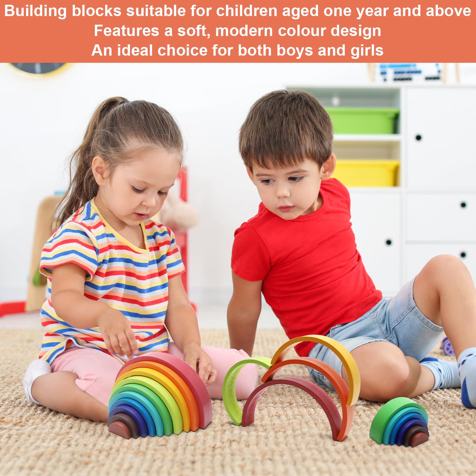 Jouet arc-en-ciel en bois, blocs de construction en bois empilables pour enfants (10 couleurs)
