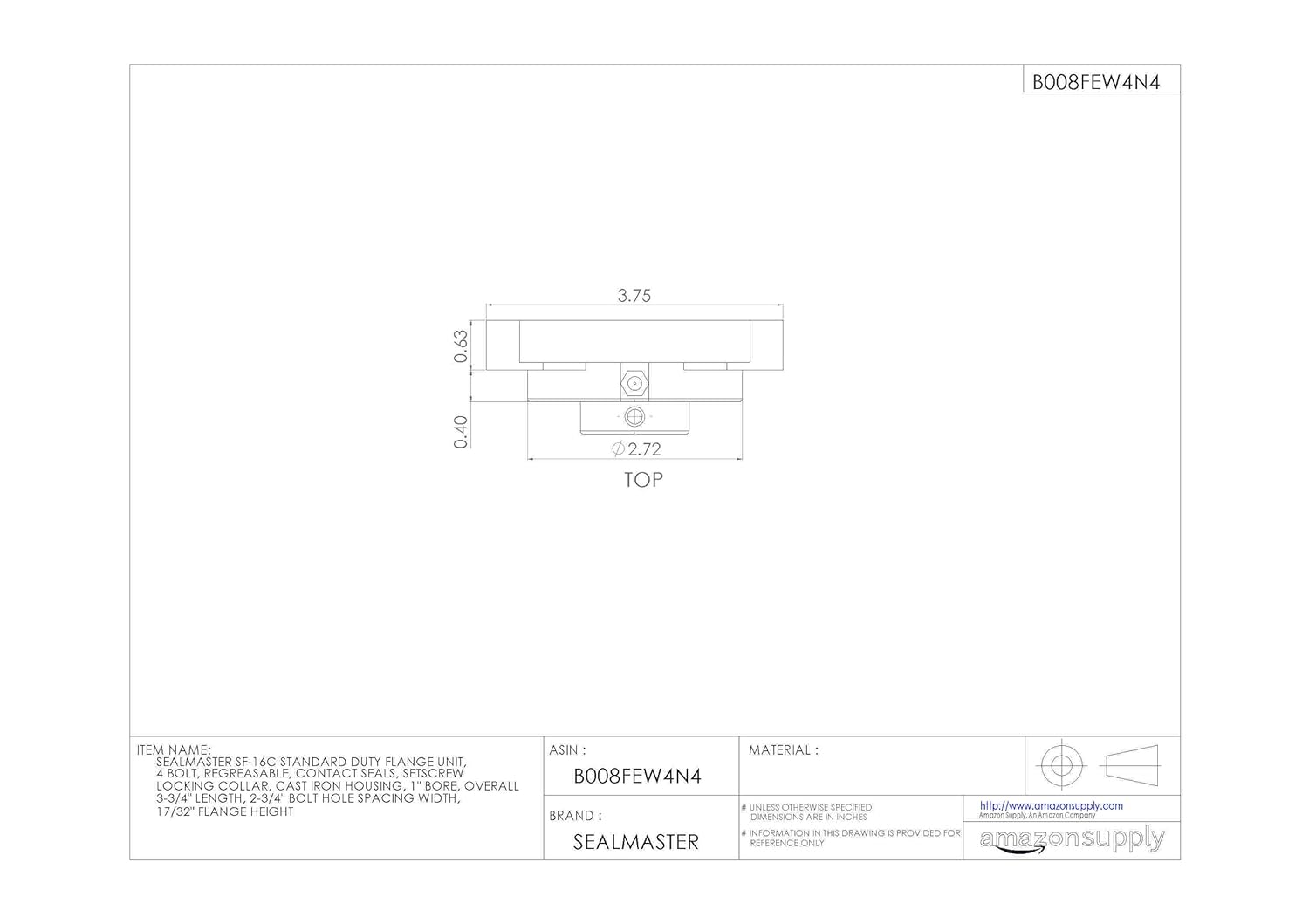 Sealmaster SF-16C Standard Duty Flange Unit, 4 Bolt, Regreasable, Contact Seals, Setscrew Locking Collar, Cast Iron Housing, 1" Bore, 3-3/4" Overall Length, 2-3/4" Bolt Hole Spacing Width, 17/32" Flange Height