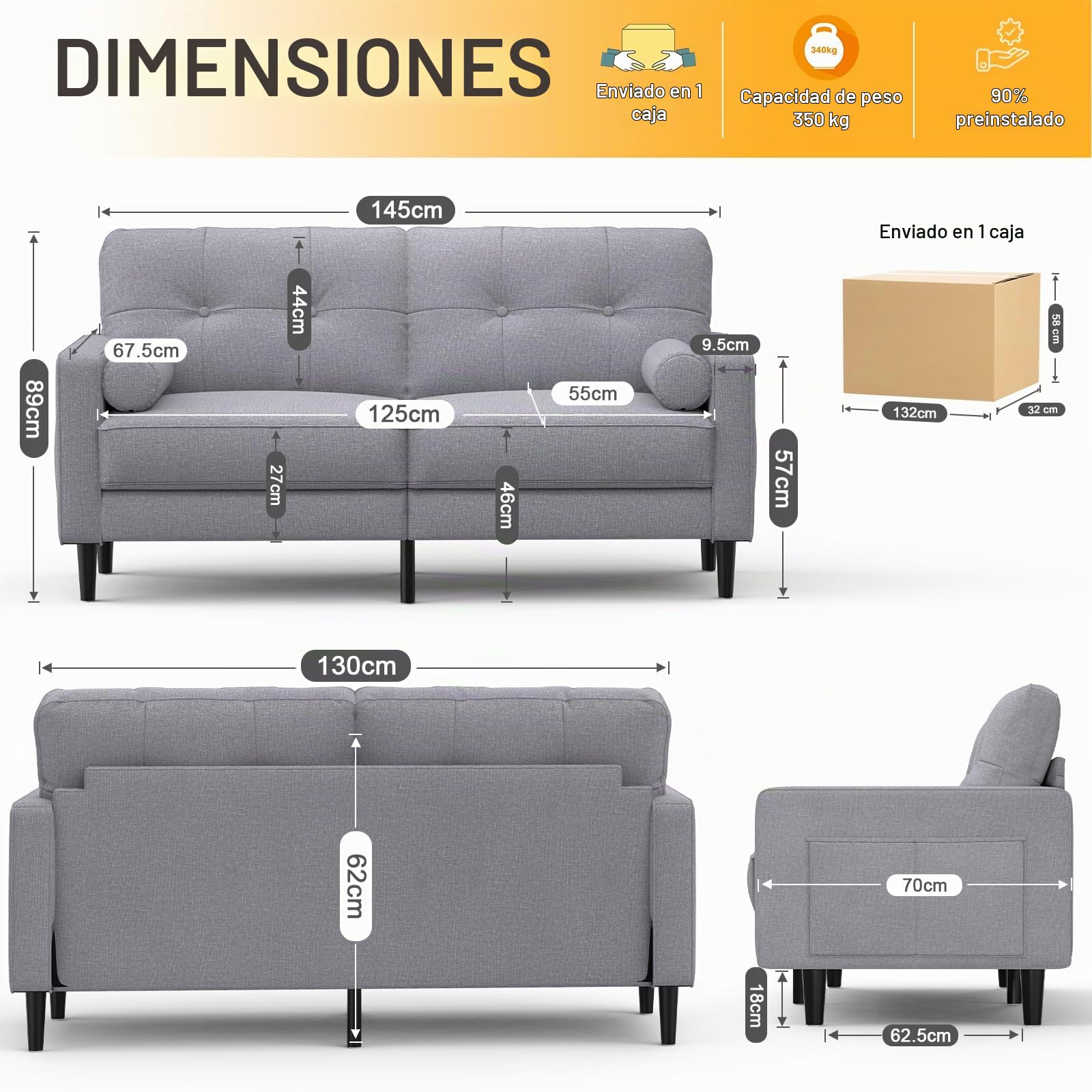 Sofá 2 Plazas, Cojines Gruesos, 2 Bolsillos (Gris Ceniza) | Cómodo Sofá 2 Plazas de Lino con 2 Almohadas, Bolsillos Laterales, Diseño Ergonómico y Fácil Montaje para Salón y Oficina