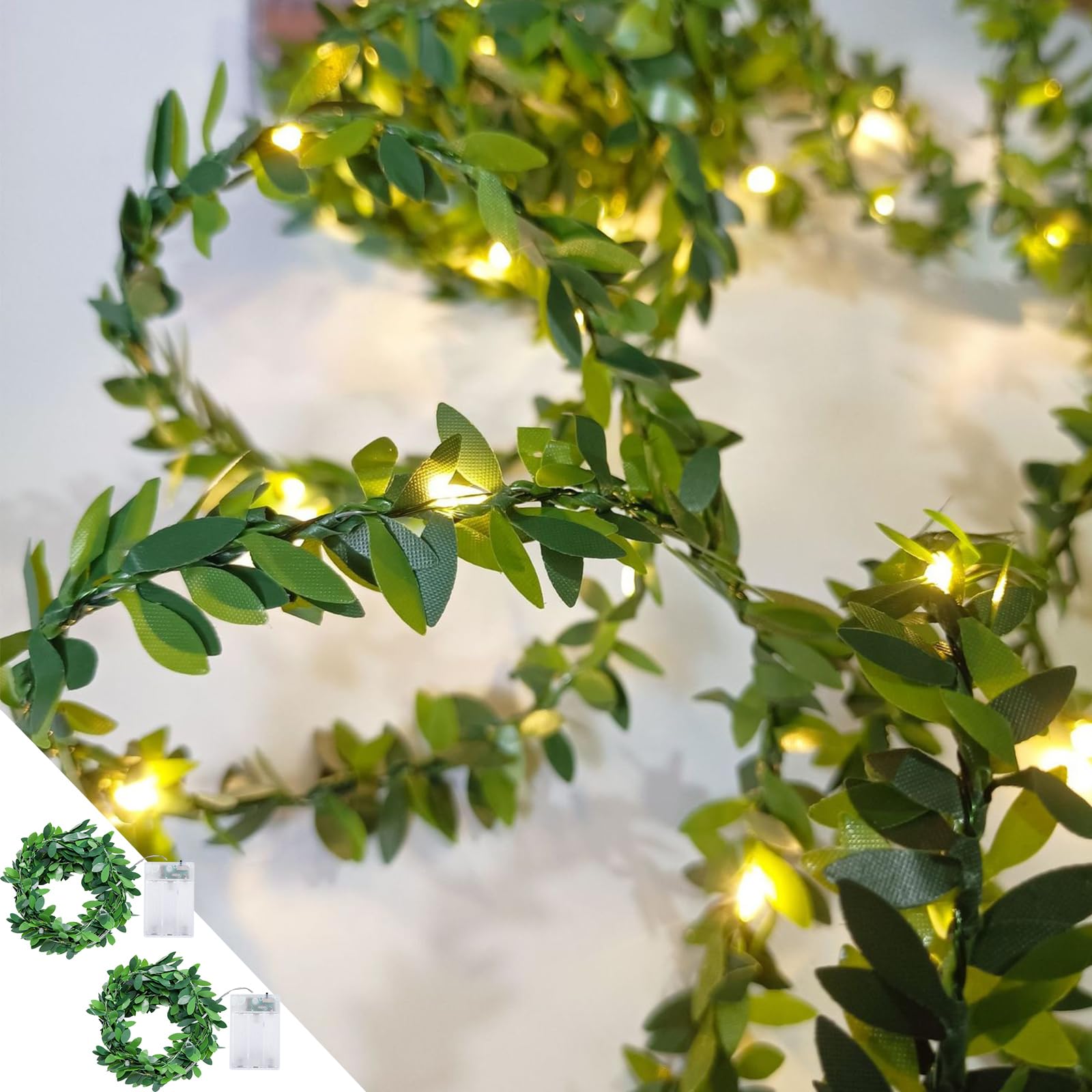 Fairy Lights with Green Leaf Garland, Battery Operated,20 LED Artificial Garland Plant Vine Light Perfect for Bedroom, Christmas,Wall, Garden, Wedding, Party Centerpiece,Decor (Warm White)