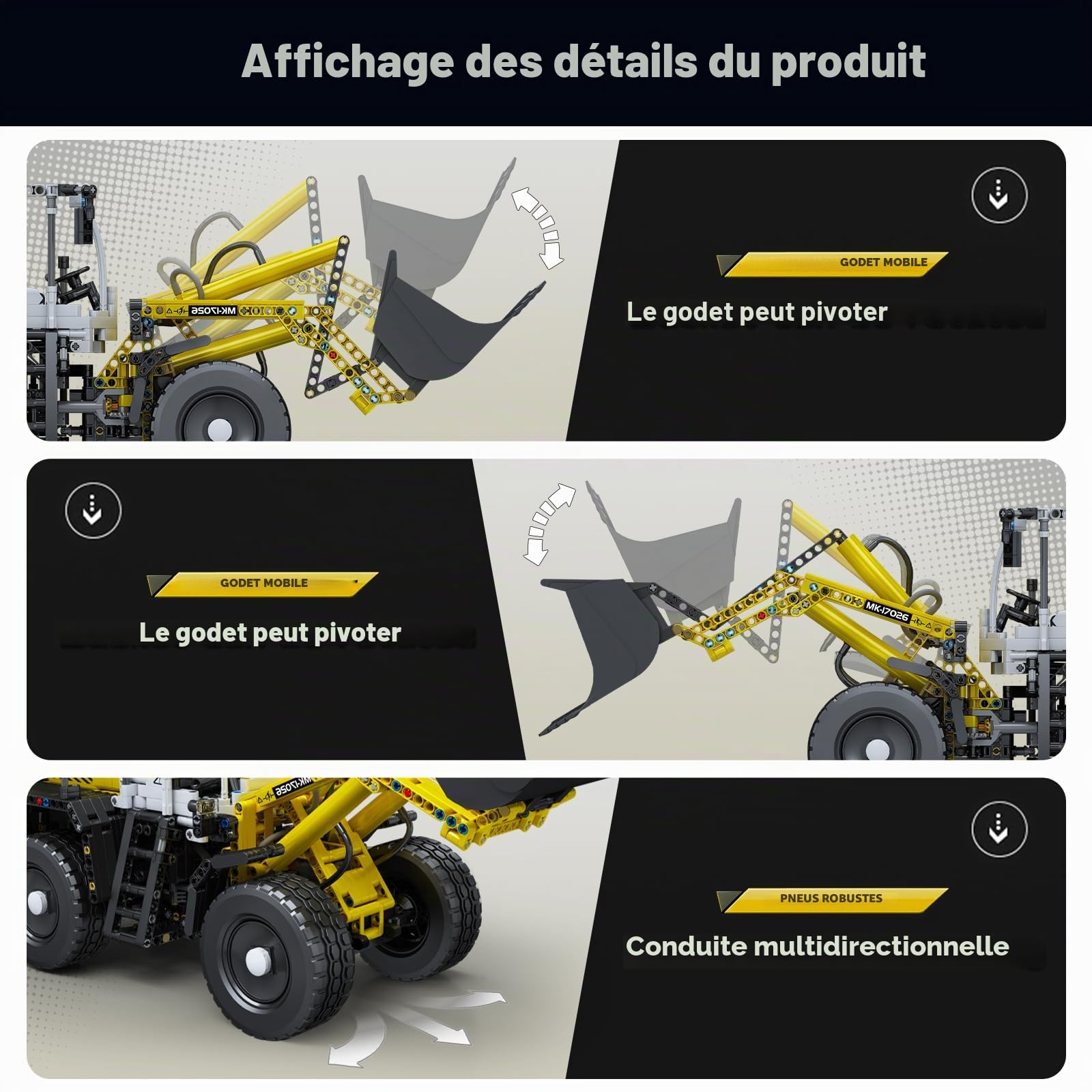 Mould King 17026 Technique RC Bulldozer, 1803 pièces Chargeur sur pneus pneumatique avec télécommande et moteurs, modèle de véhicule de construction Ensemble de construction cadeau pour adultes à