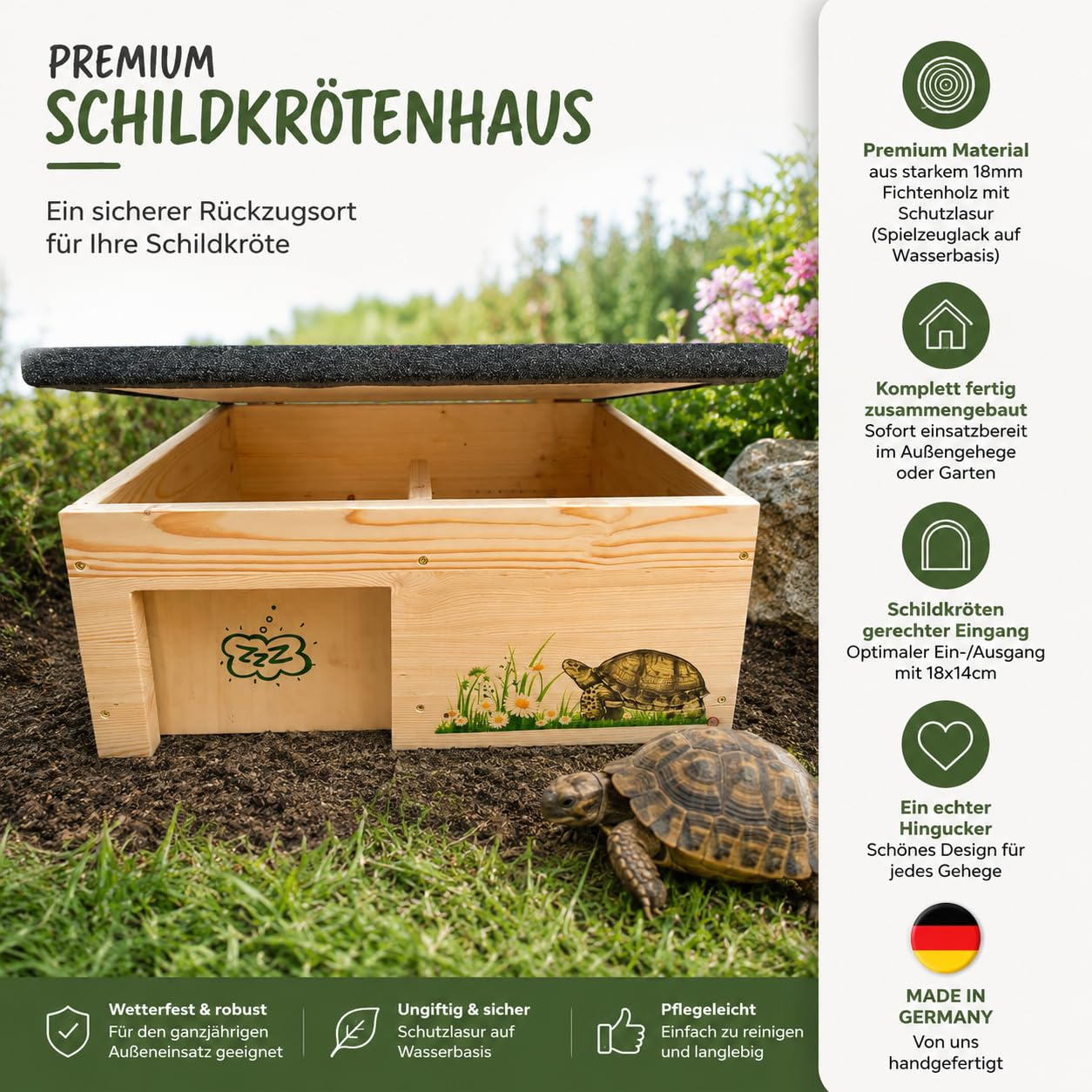 Schildkrötenhaus l Schutzhaus mit Windfang, Holzlasur & Aufklappbar