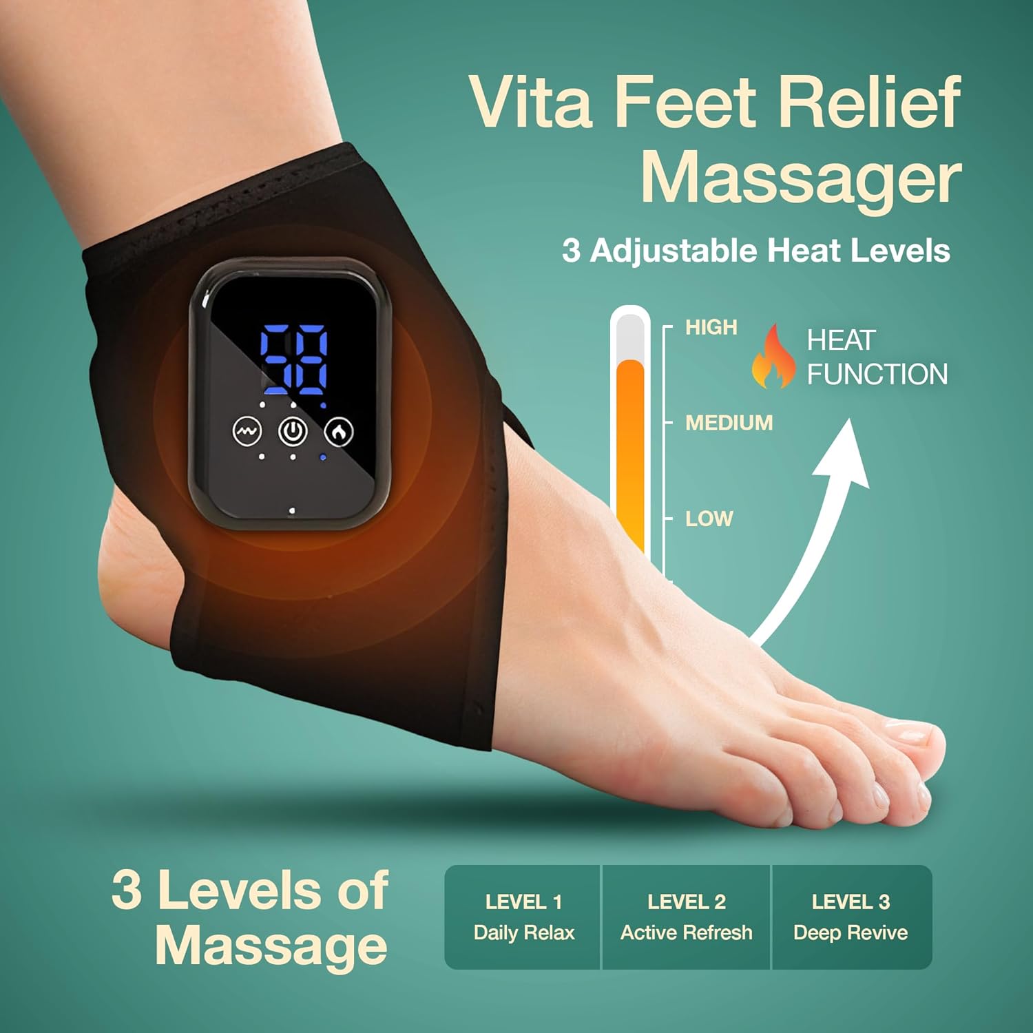 Vita Feet Relief Ankle Heating Pad with Vibration – Foot & Leg Relaxation Support – Cordless Portable Calf Wrap for Comfort & Recovery (One Unit)
