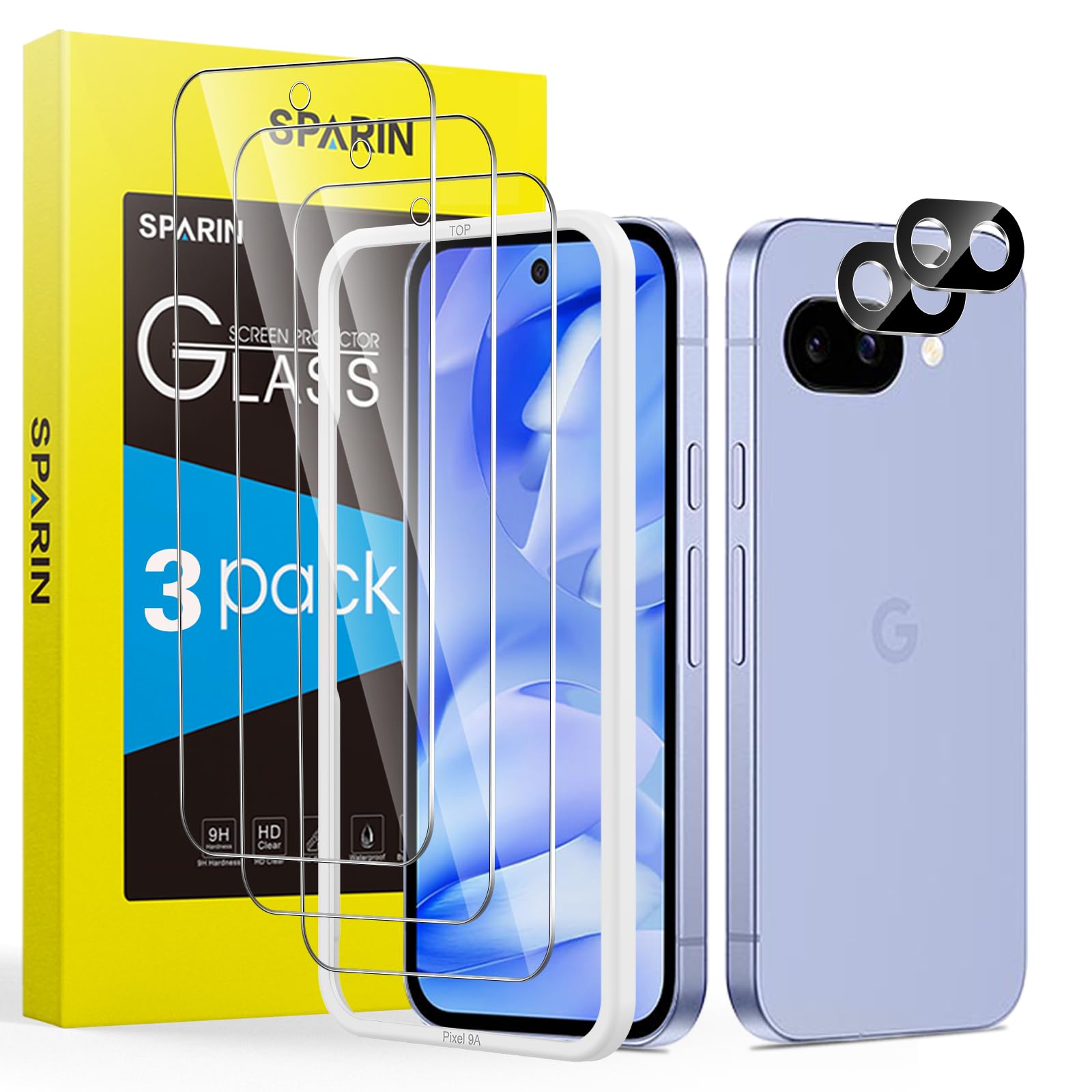 SPARIN 3+2 Stück Schutzfolie für Google Pixel 9a Panzer Schutz Glas mit Kameraschutz und Montage Rahmen, 9H Härte Pixel 9a Displayschutzfolie Zubehör