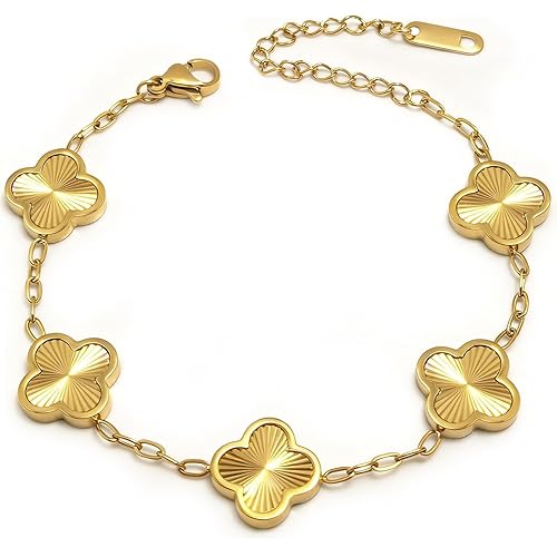 18K Gold Plated Bracelets for Women Non Tarnish, Golden/Red/White/Black Four Leaf Clover Bracelet Charm Bracelets for Women Trendy Valentines Day Gifts for Her