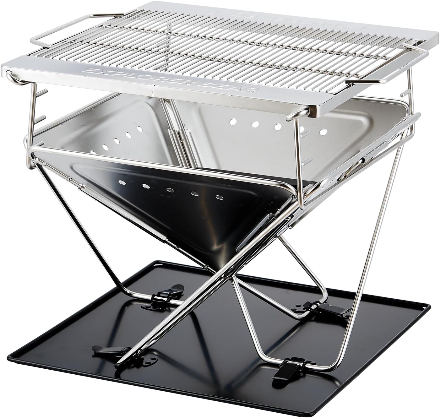 Explorer Bear 20" Stainless Steel Foldable Takibi Fire & Grill with Carrying Bag, Bridge, and Coal Bed | Portable Wood Burning Grill and Fire Pit | Perfect for Camping, Outdoors, Patios