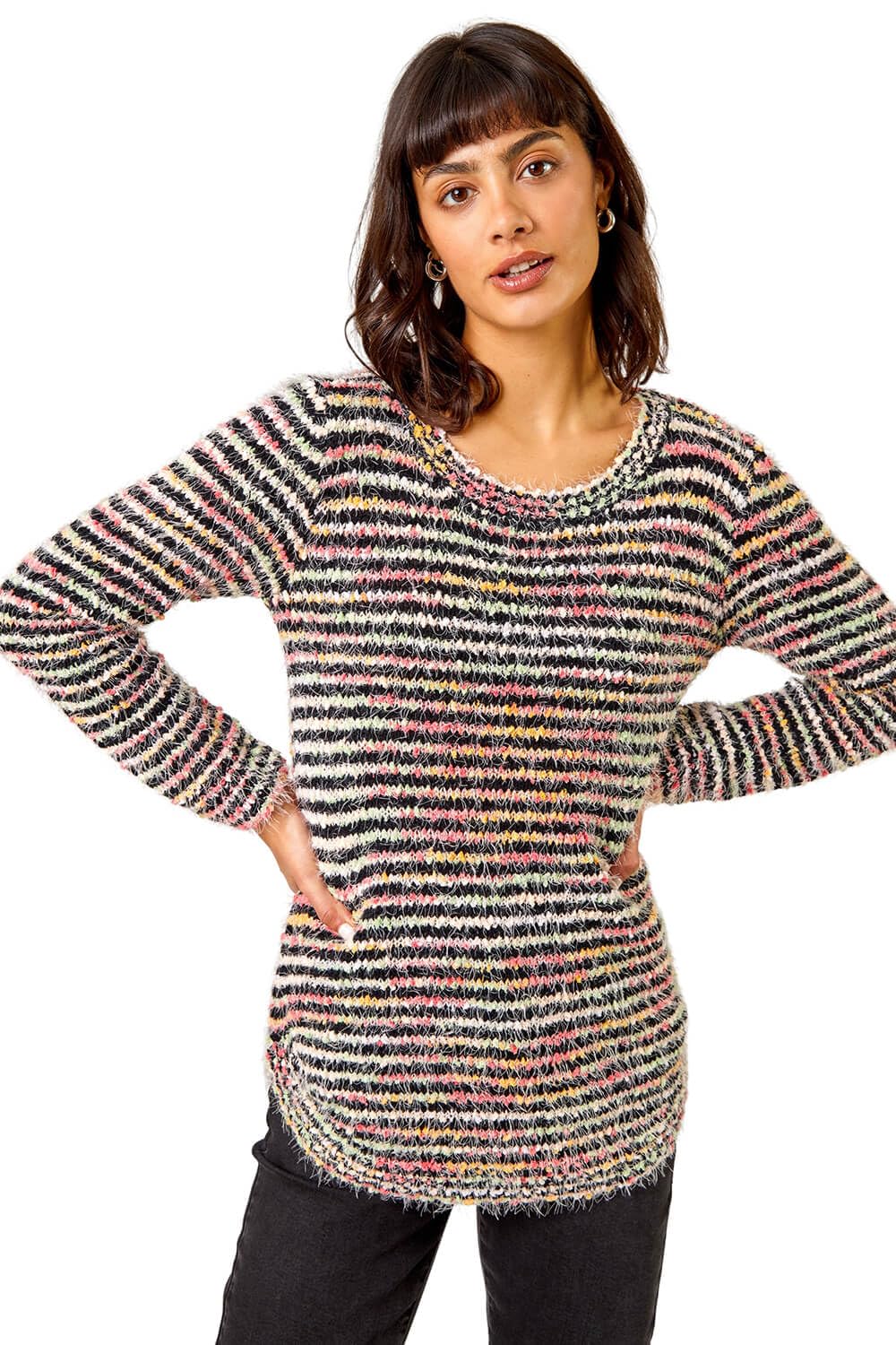 Roman Womens Fluffy Striped Curve Hem Jumper - Multicolour - Size 16 UK