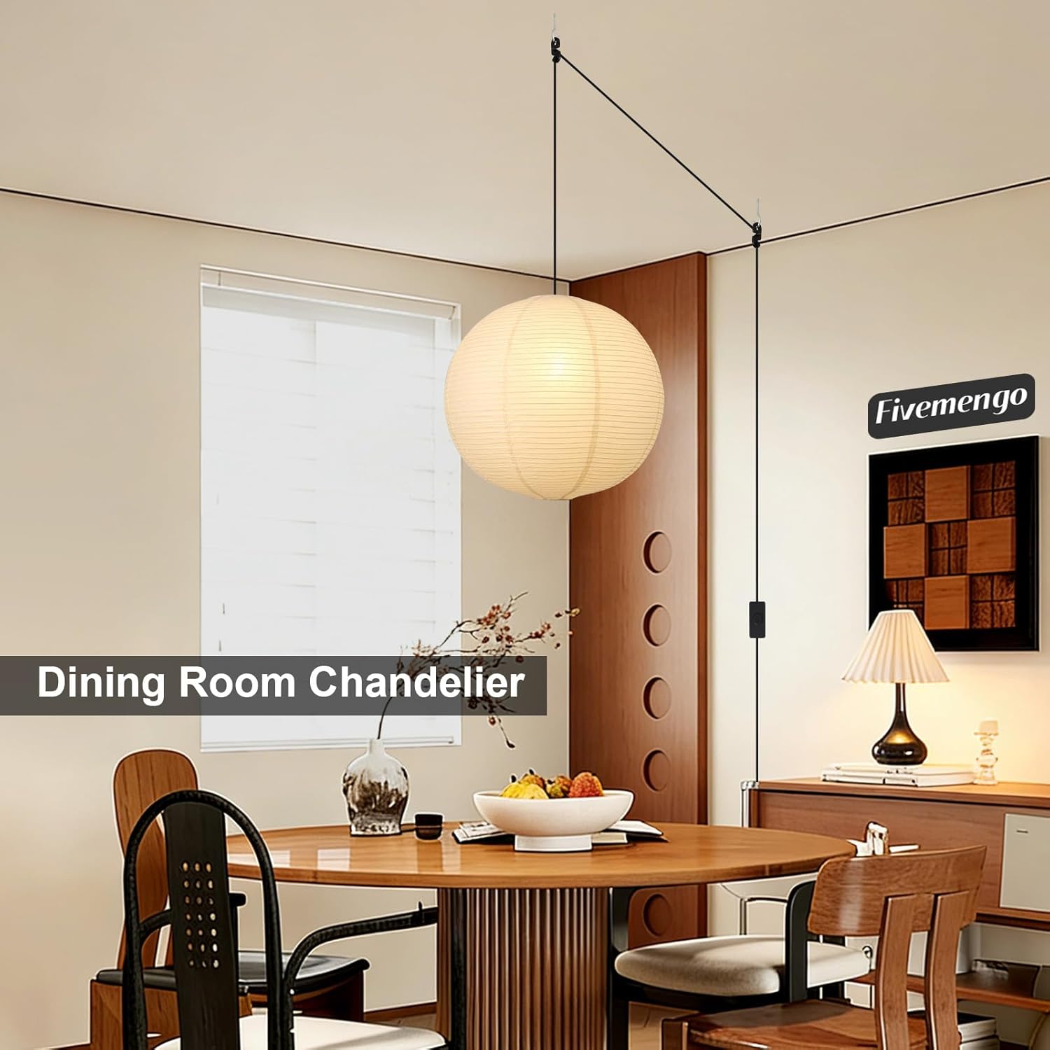 Paper Lantern Lamp Plug in Hanging Lamp, 20in Off-White Rice Paper Pendant Light with 19.7FT Cord Large Globe Japanese Japandi Wabi Sabi Chandelier for Dining Living Room Bedroom 1 Pack