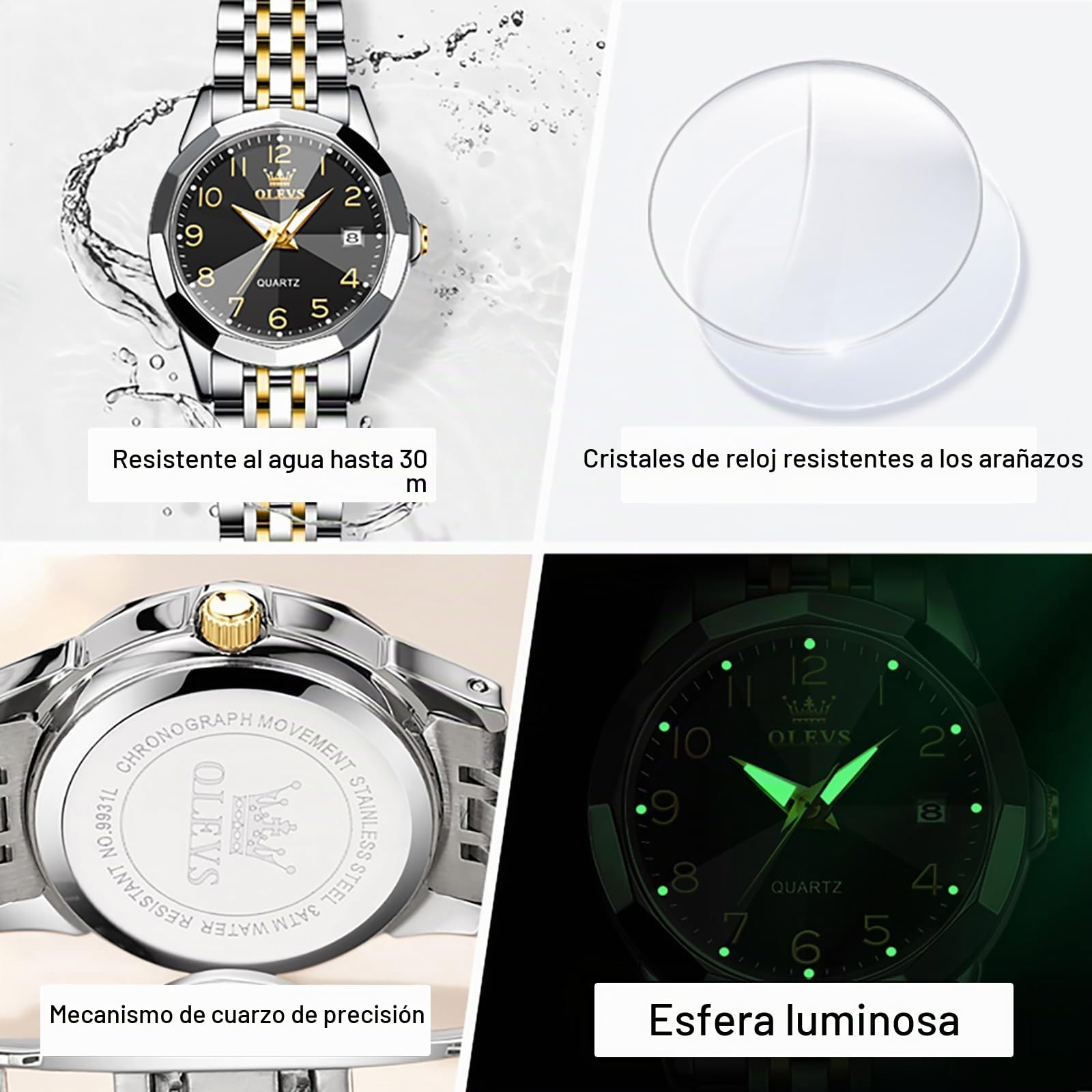 OLEVS Reloj de pulsera para mujer, correa de acero inoxidable, moderno, analógico, cuarzo, números arábigos, fácil de leer, luminoso, resistente al agua, con esfera pequeña y fecha