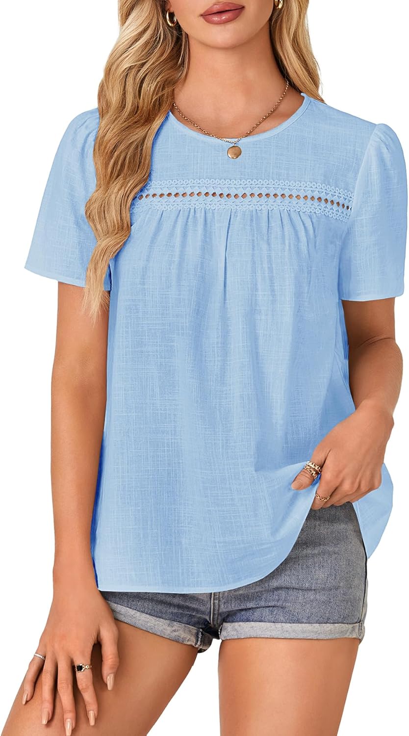 Vrtige Women's Crewneck Lace Crochet Shirt Eyelet Short Sleeve Casual Blouse Shirt Top