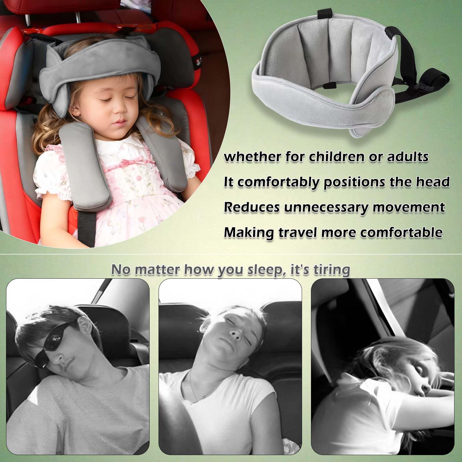 Poggiatesta per Bambino Auto Regolabile Universale, Fascia di Supporto per Dormire seggiolino Bambini, Grigio Traspirante 45x15cm per seggiolino Auto e Passeggino