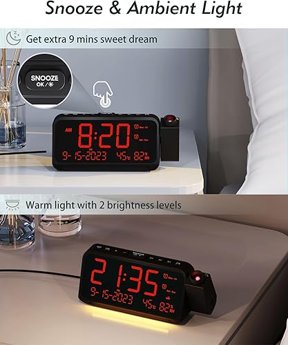 Miniatura 7 de Roxicosly Reloj despertador de proyección dígitos blancos proyección roja+despertador súper fuerte con agitador de cama 2 unids