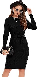 KOJOOIN Knitted Dress Women's Jumper Dress Elegant Cable Knit Long Sleeve Tunic Dress Knitted Jumper A Line Mini Dress Round Neck Jumper Dress (Reusable Packaging)