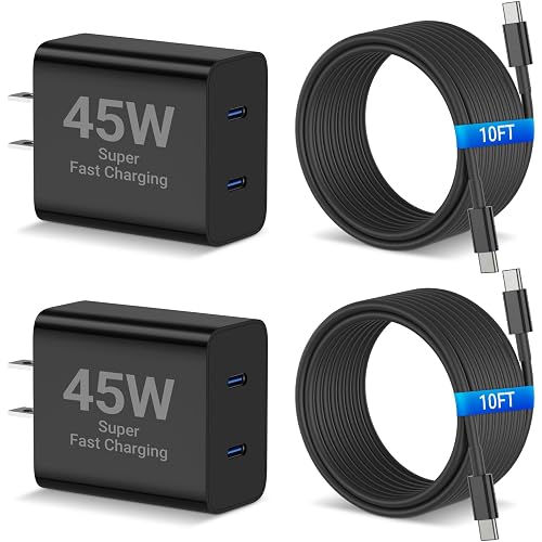 Dual Port 45W Super Fast Charger and Long USB C to C Cable 10ft, Type C Wall Block/Android Phone Charging Cord for Samsung Galaxy S26/S25/S24 Ultra/S23+/S22 Plus/S21/S20/iPhone Duo 18 17 16 15 Pro