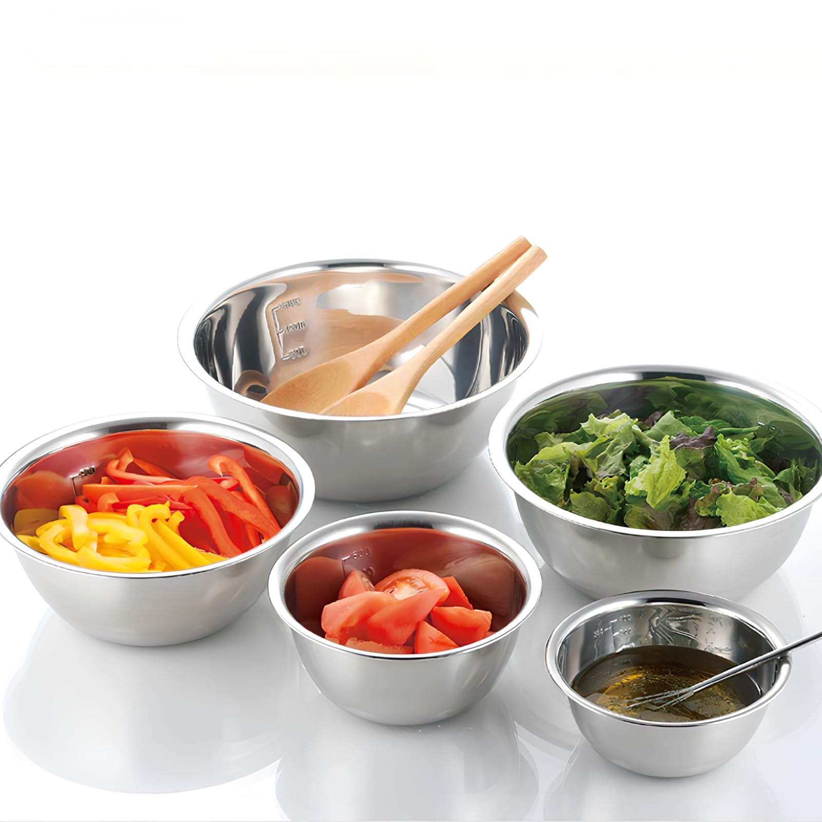 volumoon Mixing Ciotole Set, 5 Pezzi Ciotole in Acciaio Inox con Pennarelli di Misurazione, Bacino Multiuso per Zuppa, Ciotole da Cucina Multifunzionali per Insalata, Snack, Frutta (14/16/20/22/24 cm)