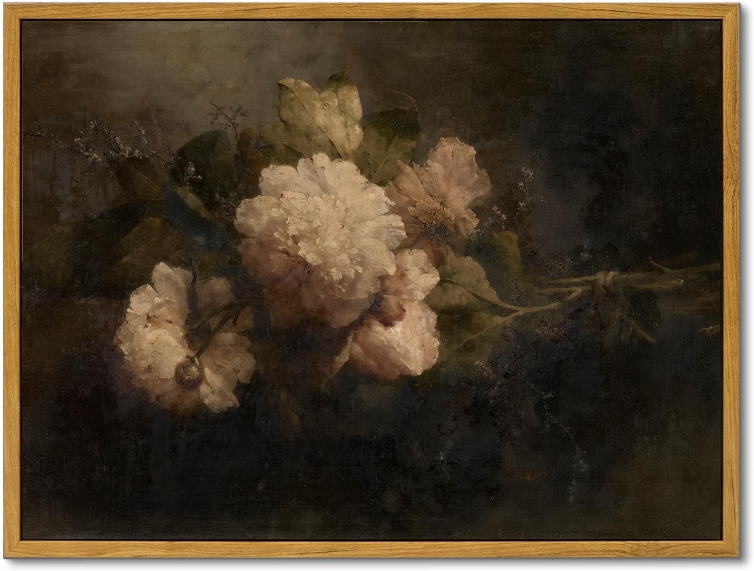 KBKBART Gerahmte Vintage-Leinwandkunst, dunkles Vintage-Stillleben-Blumen-Ölgemälde, klassische stimmungsvolle Pfingstrosen-Blumenstrauß-Drucke für Wanddekoration, antikes Blumen-Kunstgemälde