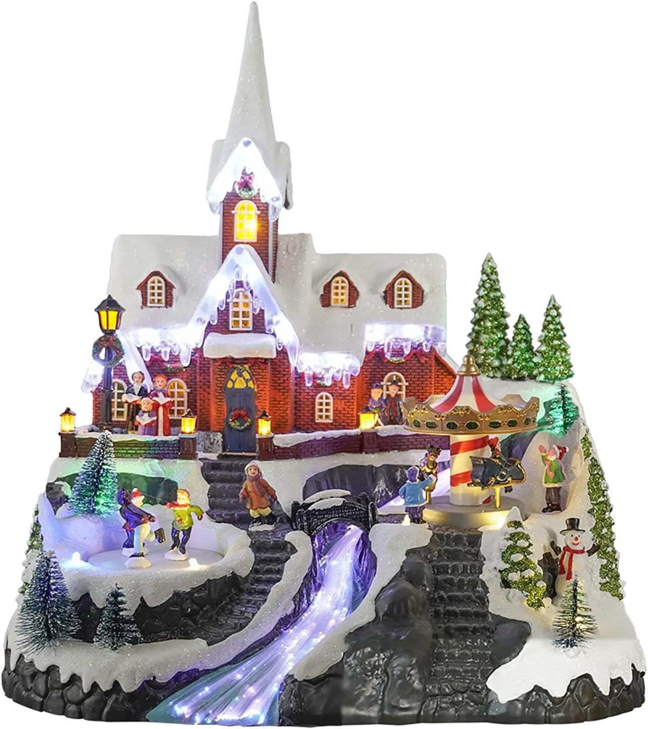 Christmas Snow House Village, Adornos Navideños Brillantes, Material De Resina, Con Luces LED Y Música, Carrusel Y 3 Patinadores Giratorios, Escena Realista,Para Decoración Interior Navideña Del Hogar