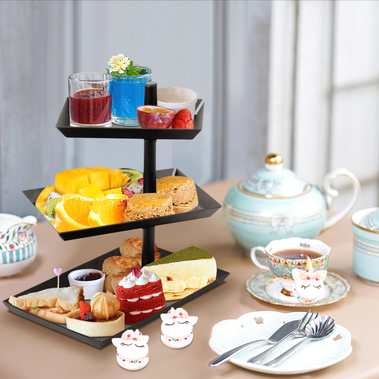 W&H Etagere 3 Etagen Mit Verstellbarem Winkel, Schwarz Drehbar für Unterhaltung und Party - Aus Rostfreiem Stahl für Dessert, Kuchen, Gebäck, Keks, Obst - Wiederverwendbar